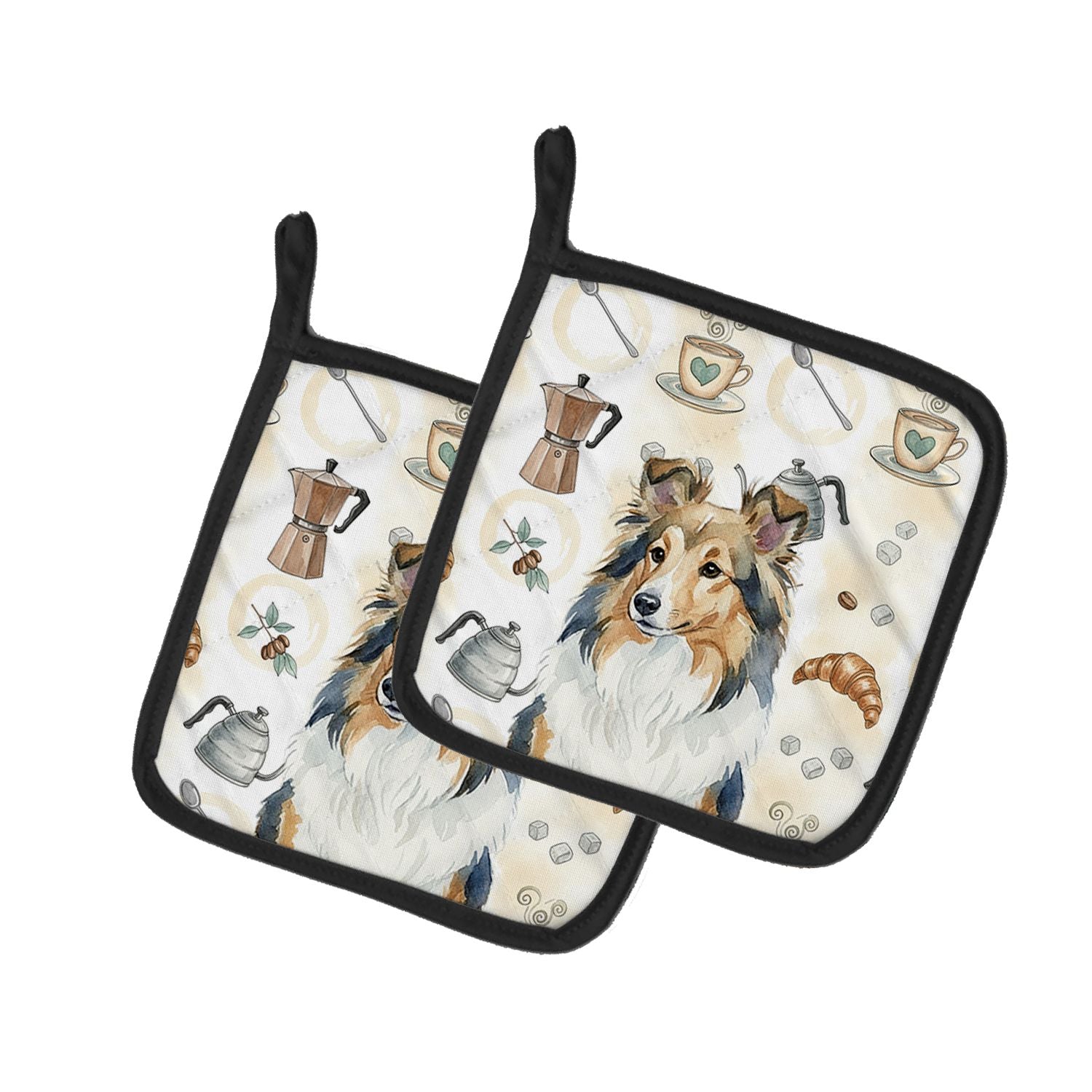 Sable Sheltie Coffee Bar Pair of Pot Holders Pair 7.5x7.5 Quilted Insulated Hot Pads Decorative Kitchen Gift Made in USA