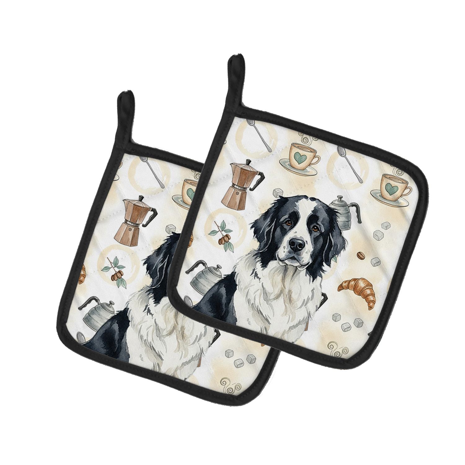 Landseer Newfoundland Coffee Bar Pair of Pot Holders Pair 7.5x7.5 Quilted Insulated Hot Pads Decorative Kitchen Gift Made in USA