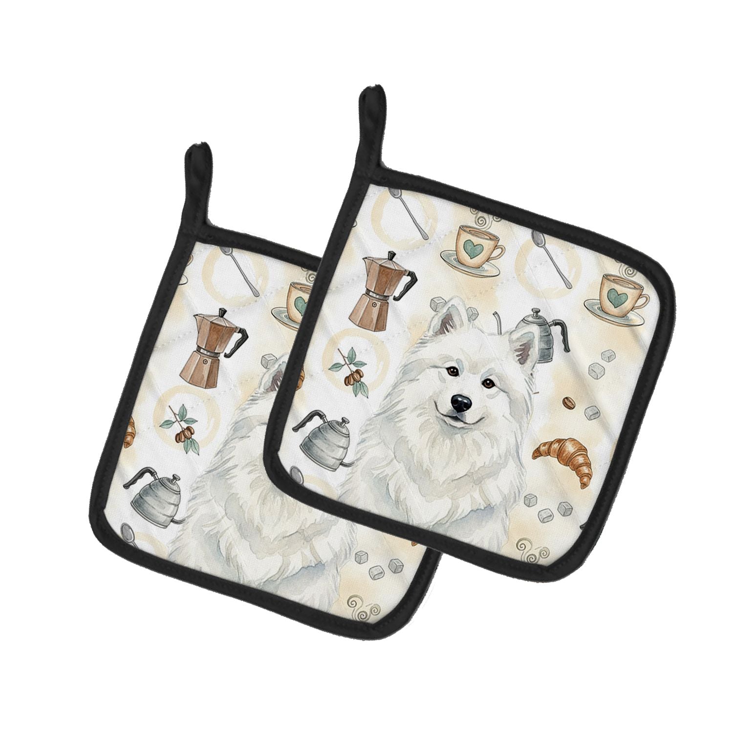 White Samoyed Coffee Bar Pair of Pot Holders Pair 7.5x7.5 Quilted Insulated Hot Pads Decorative Kitchen Gift Made in USA