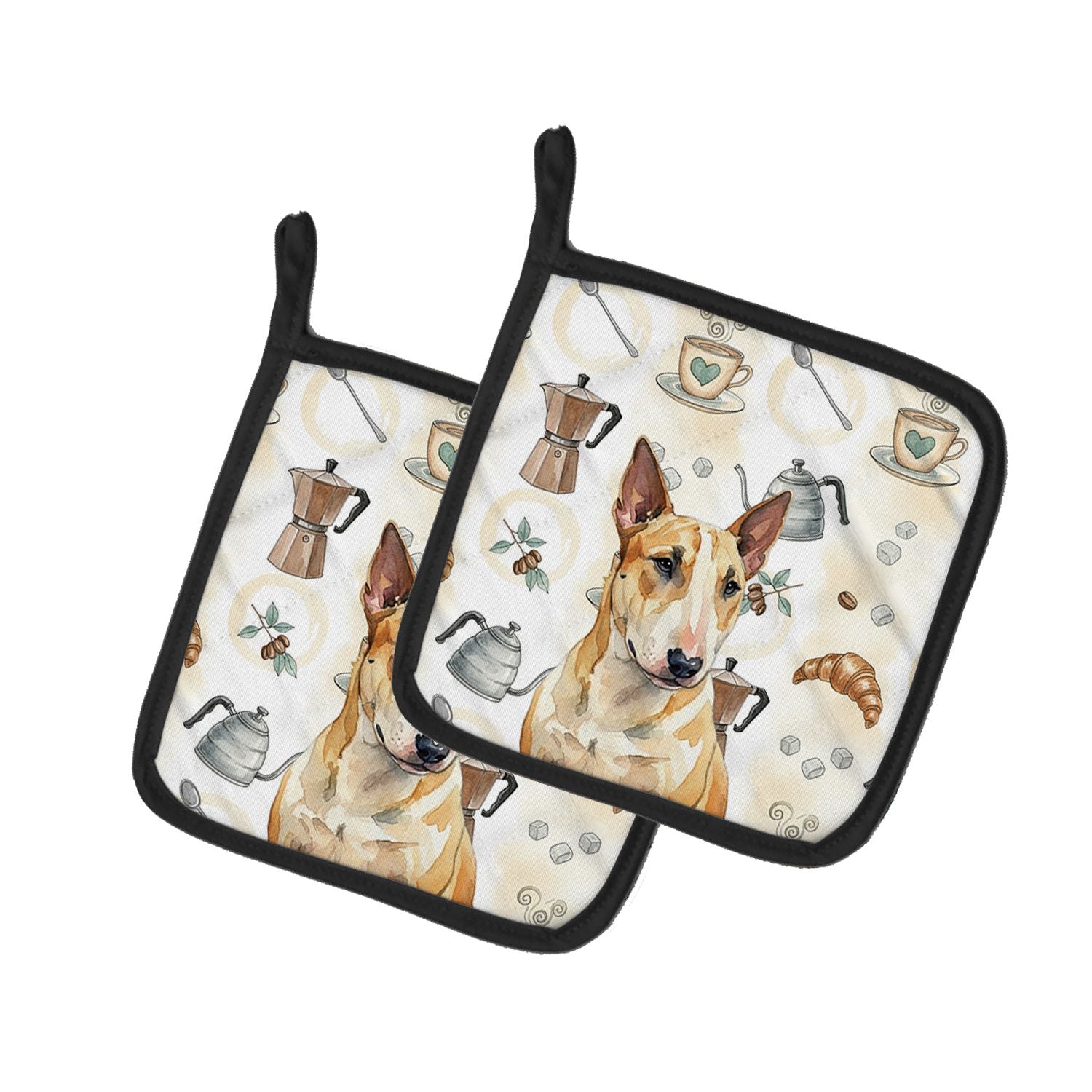 Miniature Bull Terrier Coffee Bar Pair of Pot Holders Pair 7.5x7.5 Quilted Insulated Hot Pads Decorative Kitchen Gift Made in US