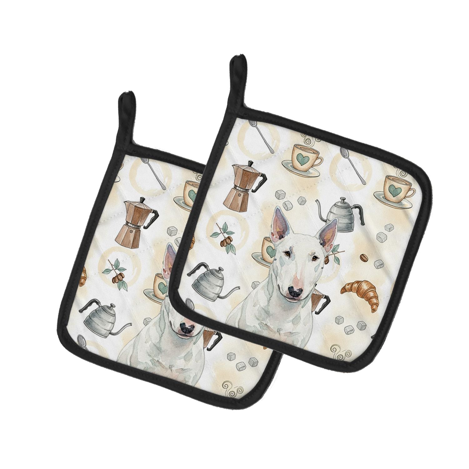 White Miniature Bull Terrier Coffee Bar Pair of Pot Holders Pair 7.5x7.5 Quilted Insulated Hot Pads Decorative Kitchen Gift Made