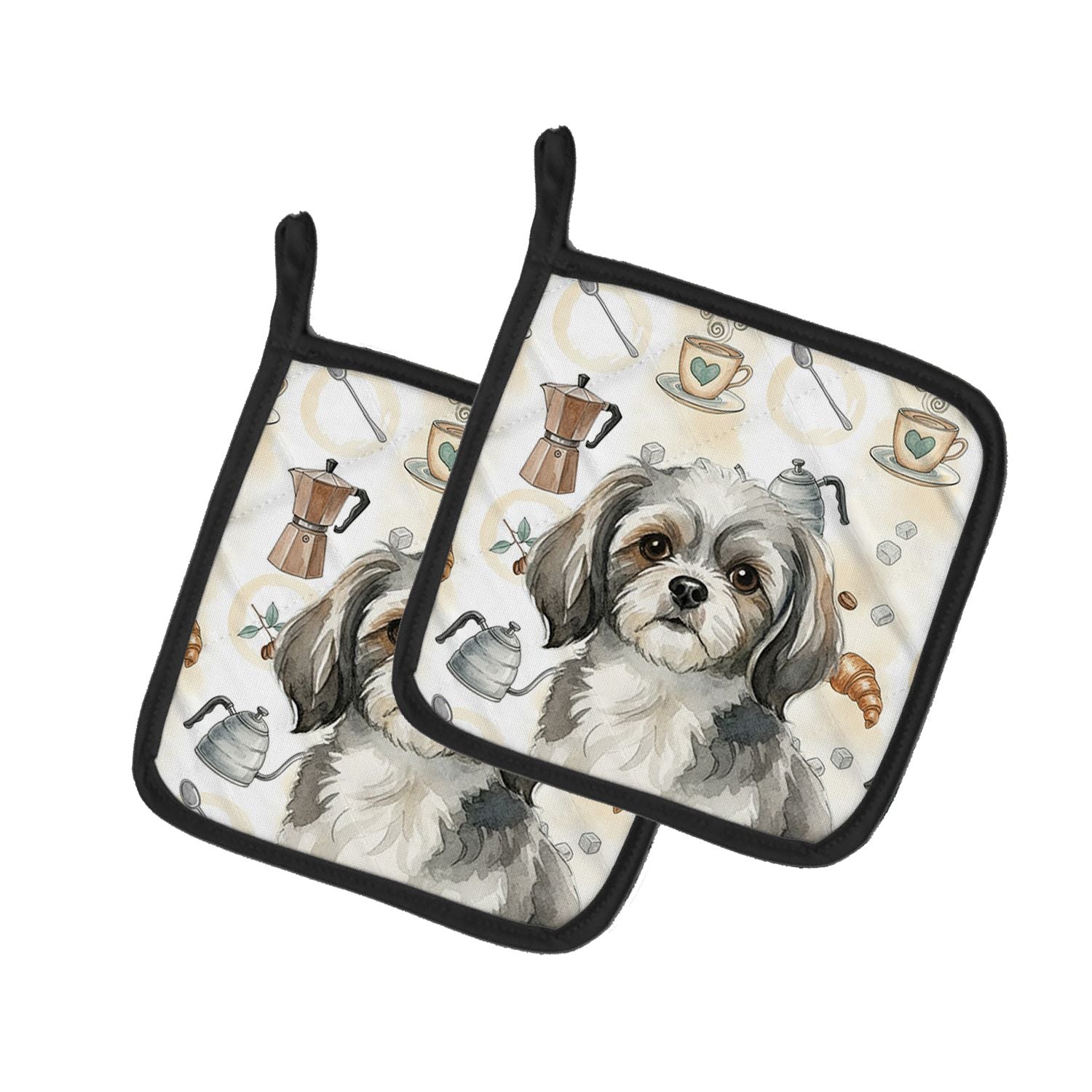 Grey and White Tibetan Spaniel Coffee Bar Pair of Pot Holders Pair 7.5x7.5 Quilted Insulated Hot Pads Decorative Kitchen Gift Ma