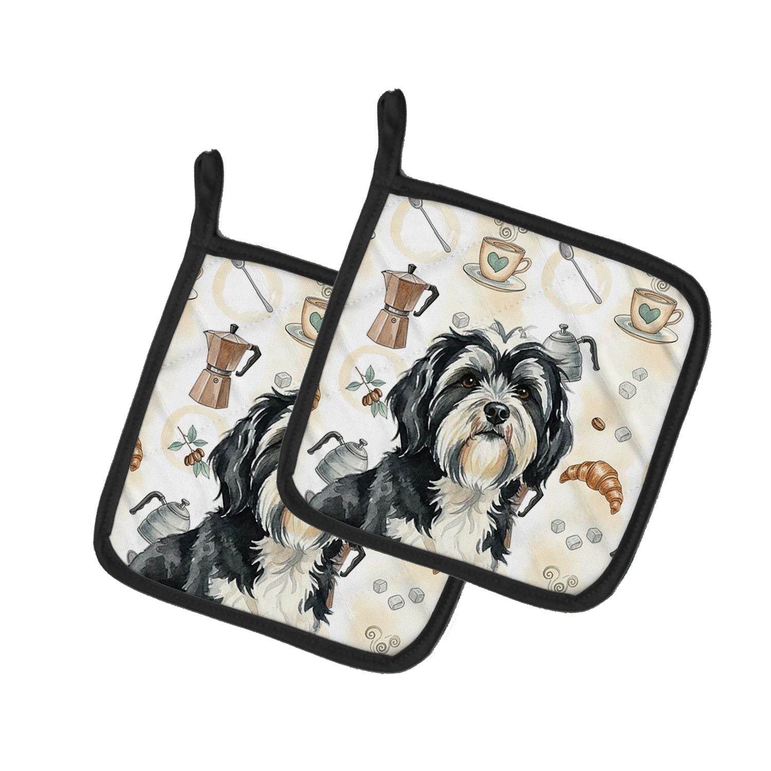 Black and White Tibetan Terrier Coffee Bar Pair of Pot Holders Pair 7.5x7.5 Quilted Insulated Hot Pads Decorative Kitchen Gift M