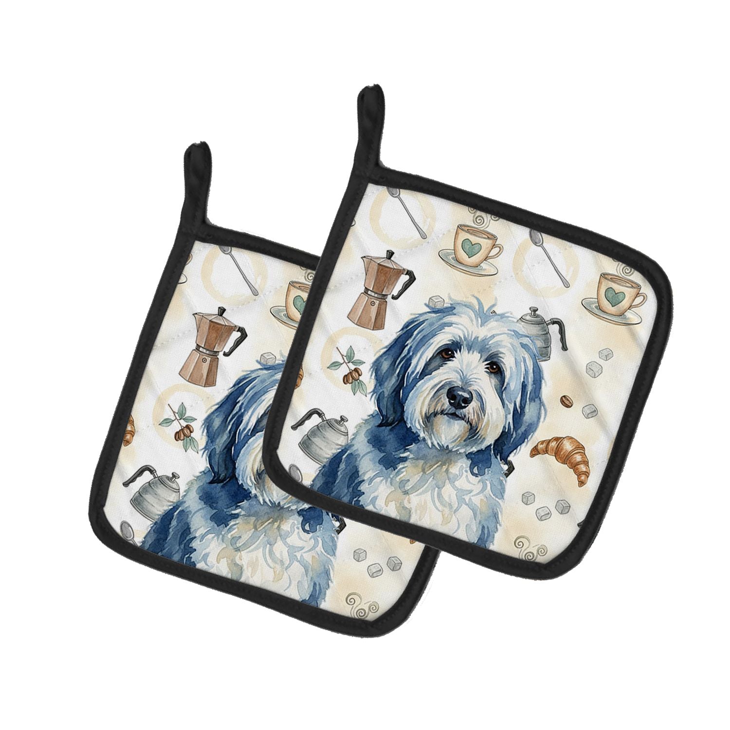 Blue and White Old English Sheepdog Coffee Bar Pair of Pot Holders Pair 7.5x7.5 Quilted Insulated Hot Pads Decorative Kitchen Gi