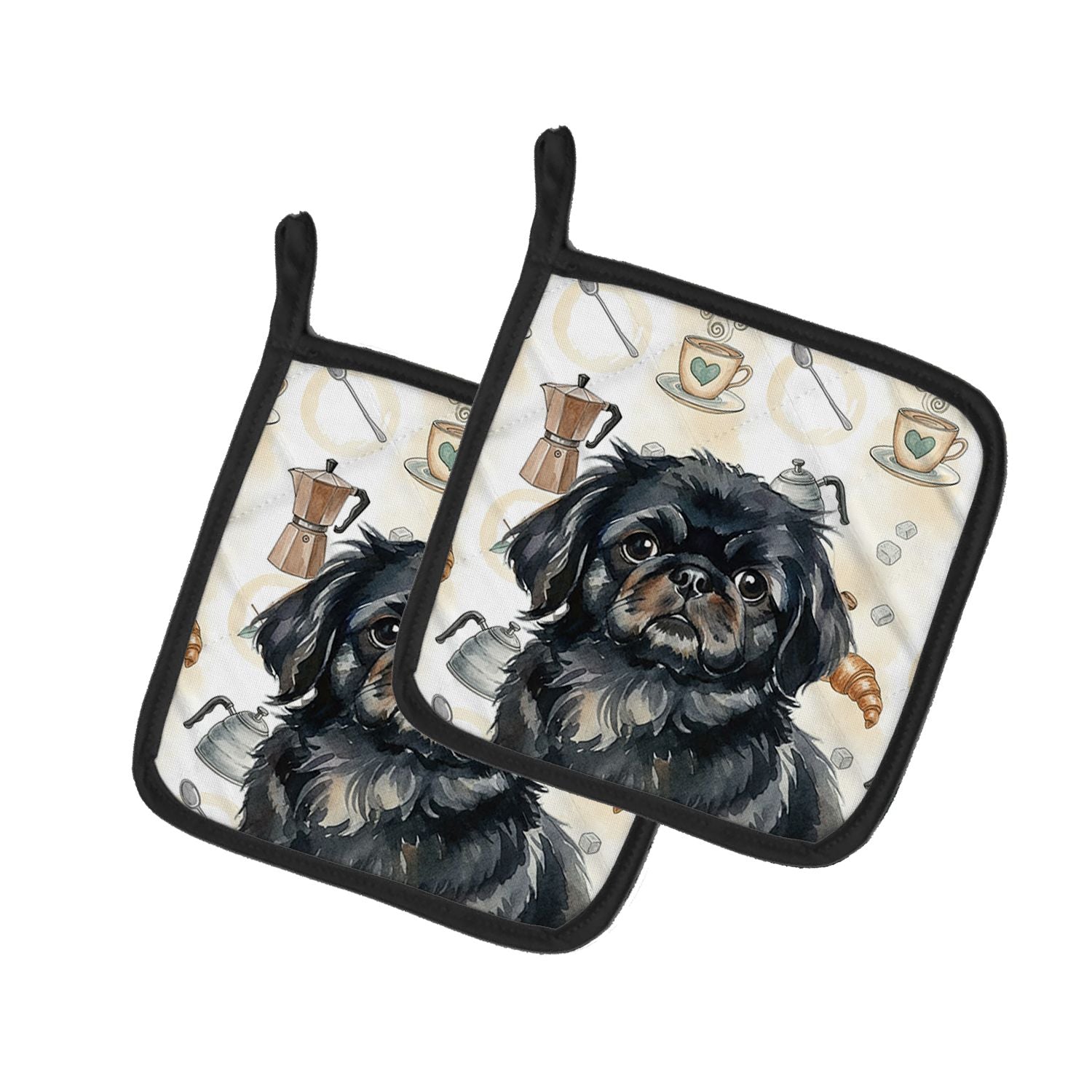 Black Pekingese Coffee Bar Pair of Pot Holders Pair 7.5x7.5 Quilted Insulated Hot Pads Decorative Kitchen Gift Made in USA