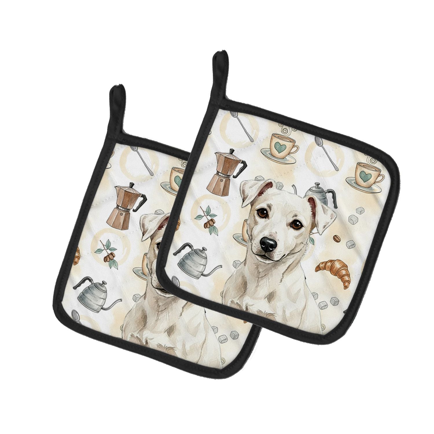 White Jack Russell Terrier Coffee Bar Pair of Pot Holders Pair 7.5x7.5 Quilted Insulated Hot Pads Decorative Kitchen Gift Made i