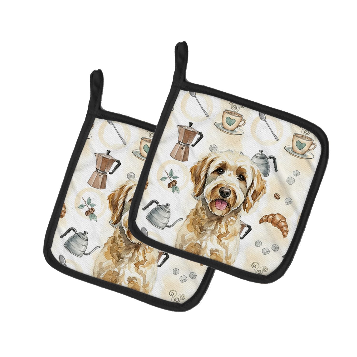 Labradoodle Coffee Bar Pair of Pot Holders Pair 7.5x7.5 Quilted Insulated Hot Pads Decorative Kitchen Gift Made in USA