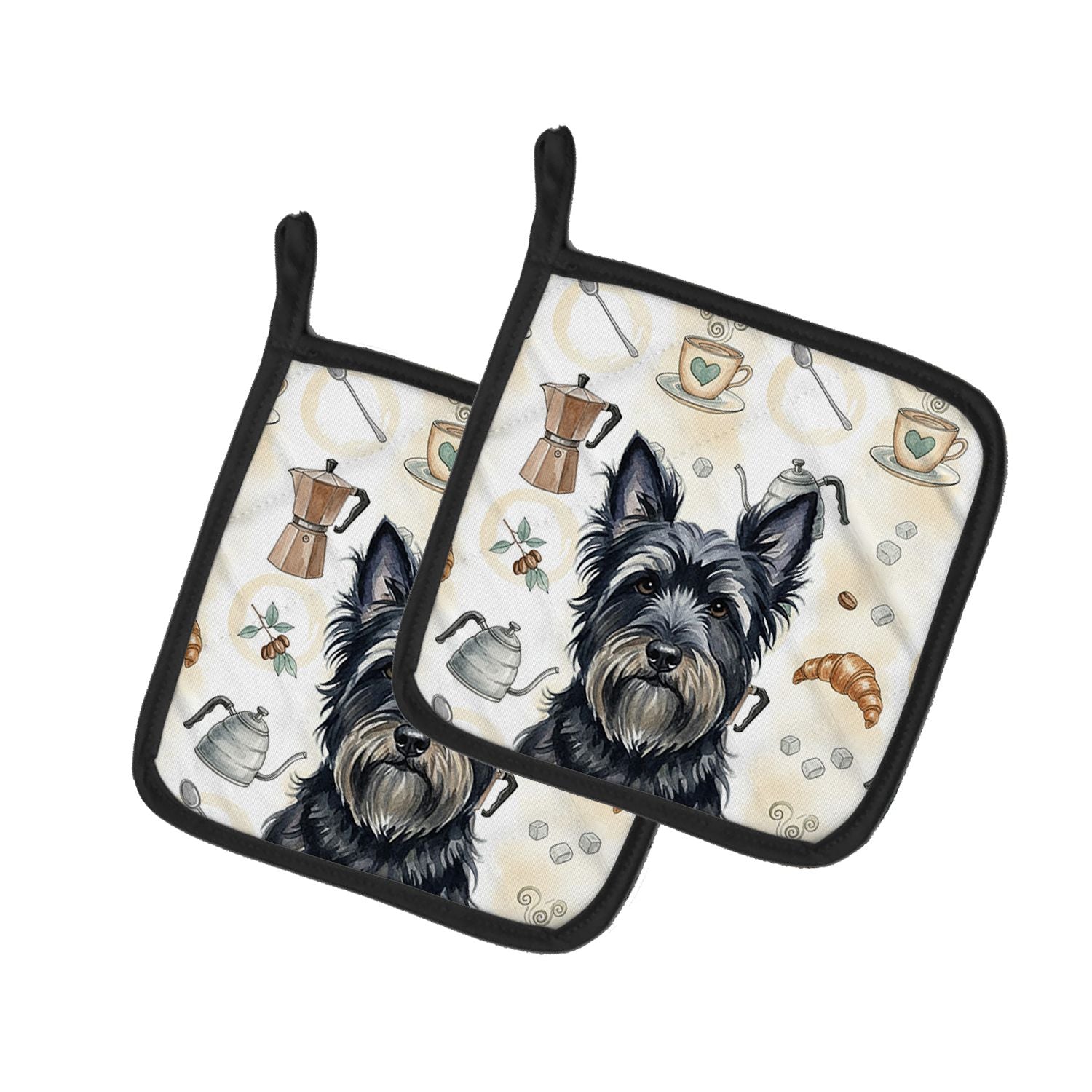 Black Skye Terrier Coffee Bar Pair of Pot Holders Pair 7.5x7.5 Quilted Insulated Hot Pads Decorative Kitchen Gift Made in USA