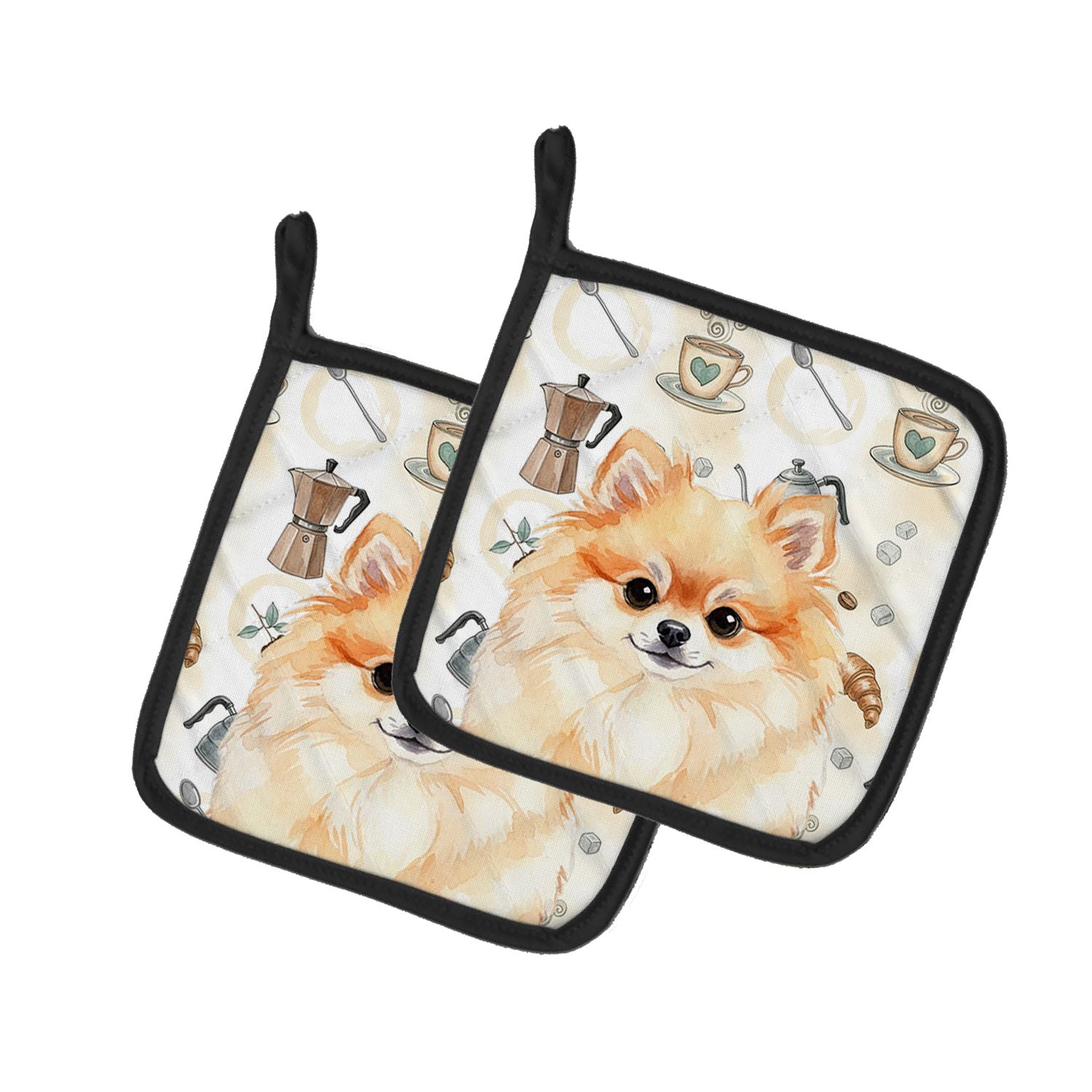 Pomeranian Coffee Bar Pair of Pot Holders Pair 7.5x7.5 Quilted Insulated Hot Pads Decorative Kitchen Gift Made in USA
