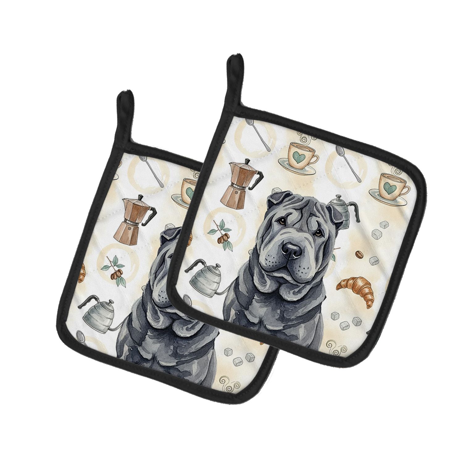 Black Shar Pei Coffee Bar Pair of Pot Holders Pair 7.5x7.5 Quilted Insulated Hot Pads Decorative Kitchen Gift Made in USA