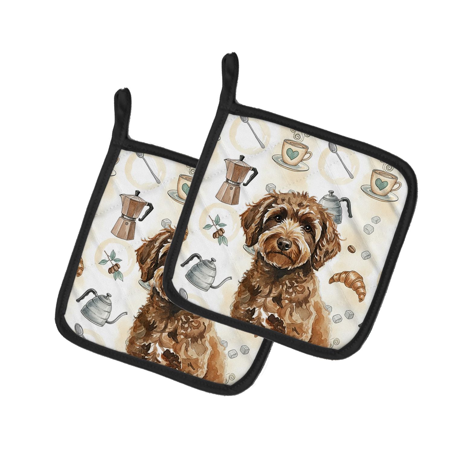 Spanish Water Dog Coffee Bar Pair of Pot Holders Pair 7.5x7.5 Quilted Insulated Hot Pads Decorative Kitchen Gift Made in USA