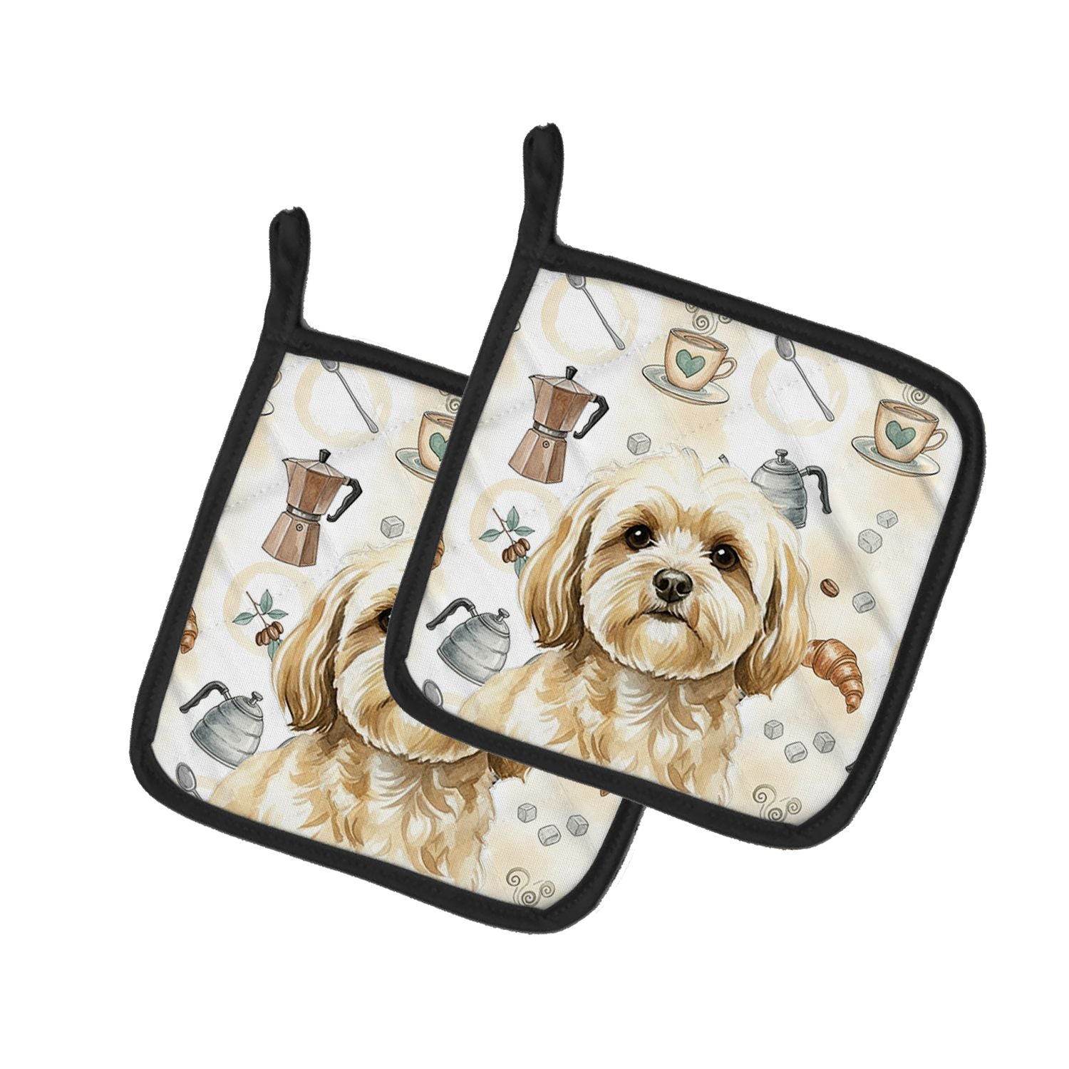 Cream Lhasa Apso Coffee Bar Pair of Pot Holders Pair 7.5x7.5 Quilted Insulated Hot Pads Decorative Kitchen Gift Made in USA