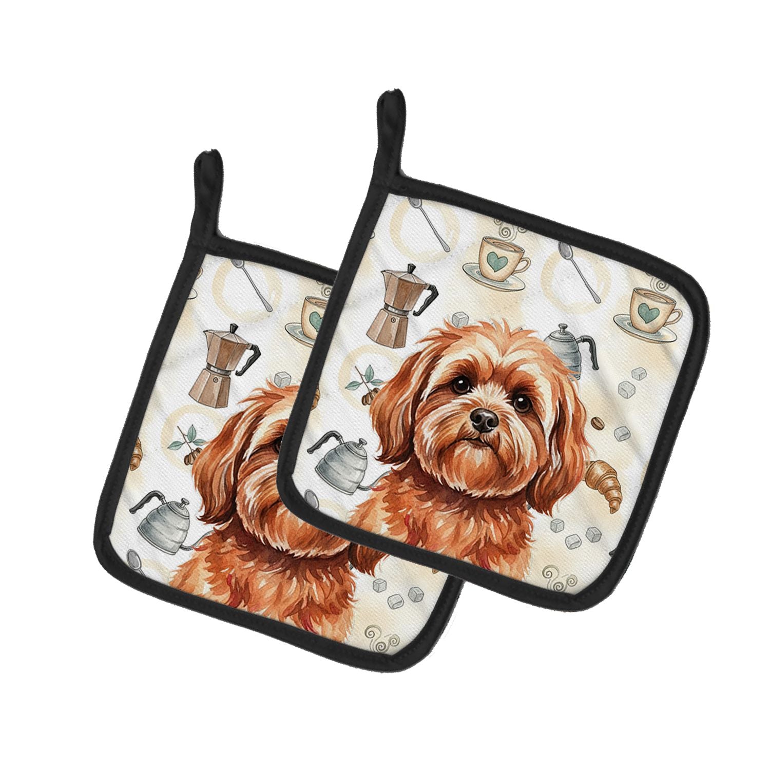 Red Lhasa Apso Coffee Bar Pair of Pot Holders Pair 7.5x7.5 Quilted Insulated Hot Pads Decorative Kitchen Gift Made in USA