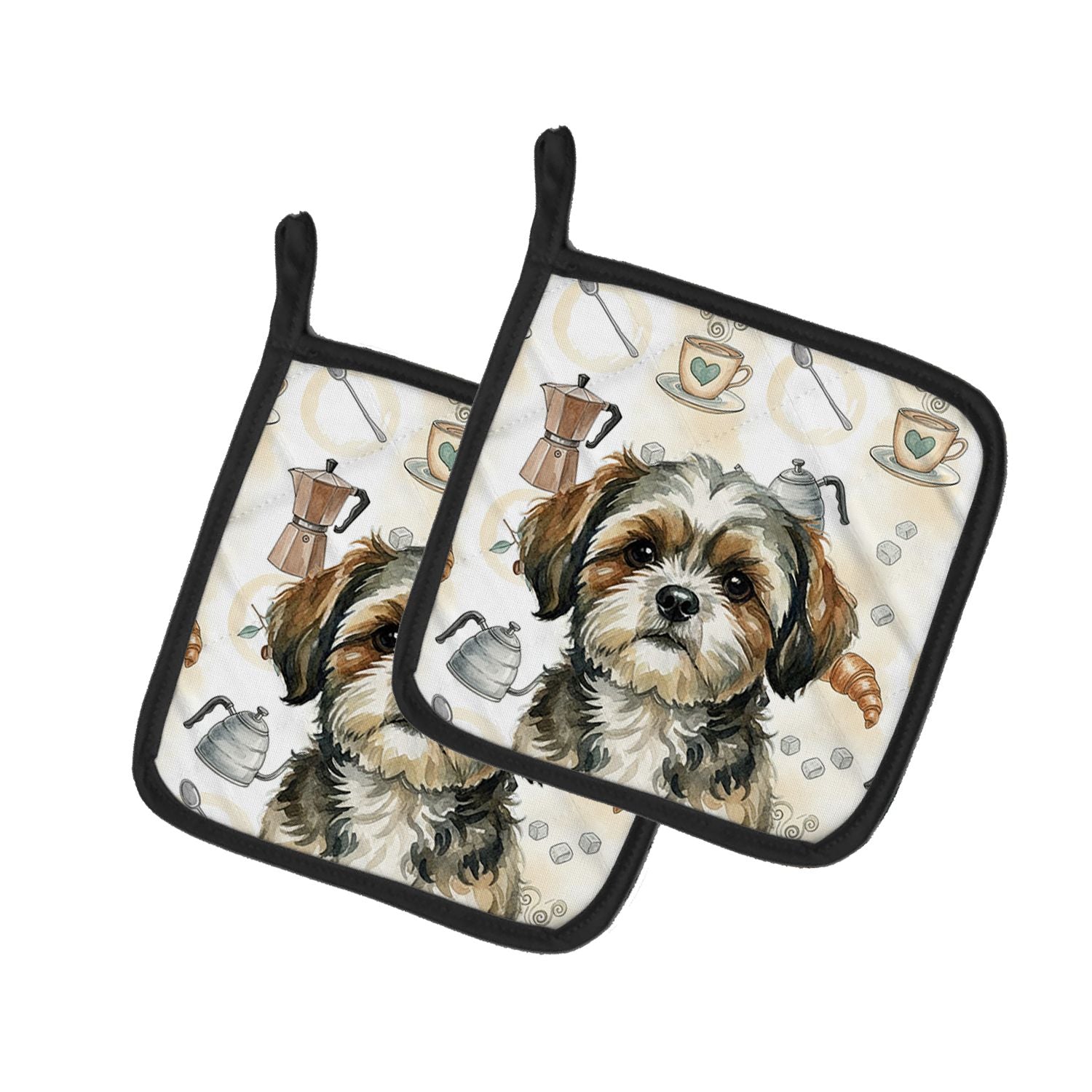 Brindle Shih Tzu Coffee Bar Pair of Pot Holders Pair 7.5x7.5 Quilted Insulated Hot Pads Decorative Kitchen Gift Made in USA
