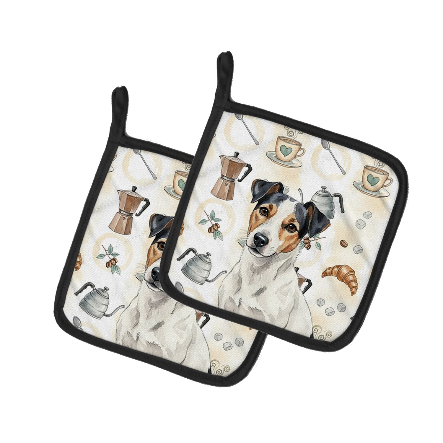 White with Black Markings Russell Terrier Coffee Bar Pair of Pot Holders Pair 7.5x7.5 Quilted Insulated Hot Pads Decorative Kitc