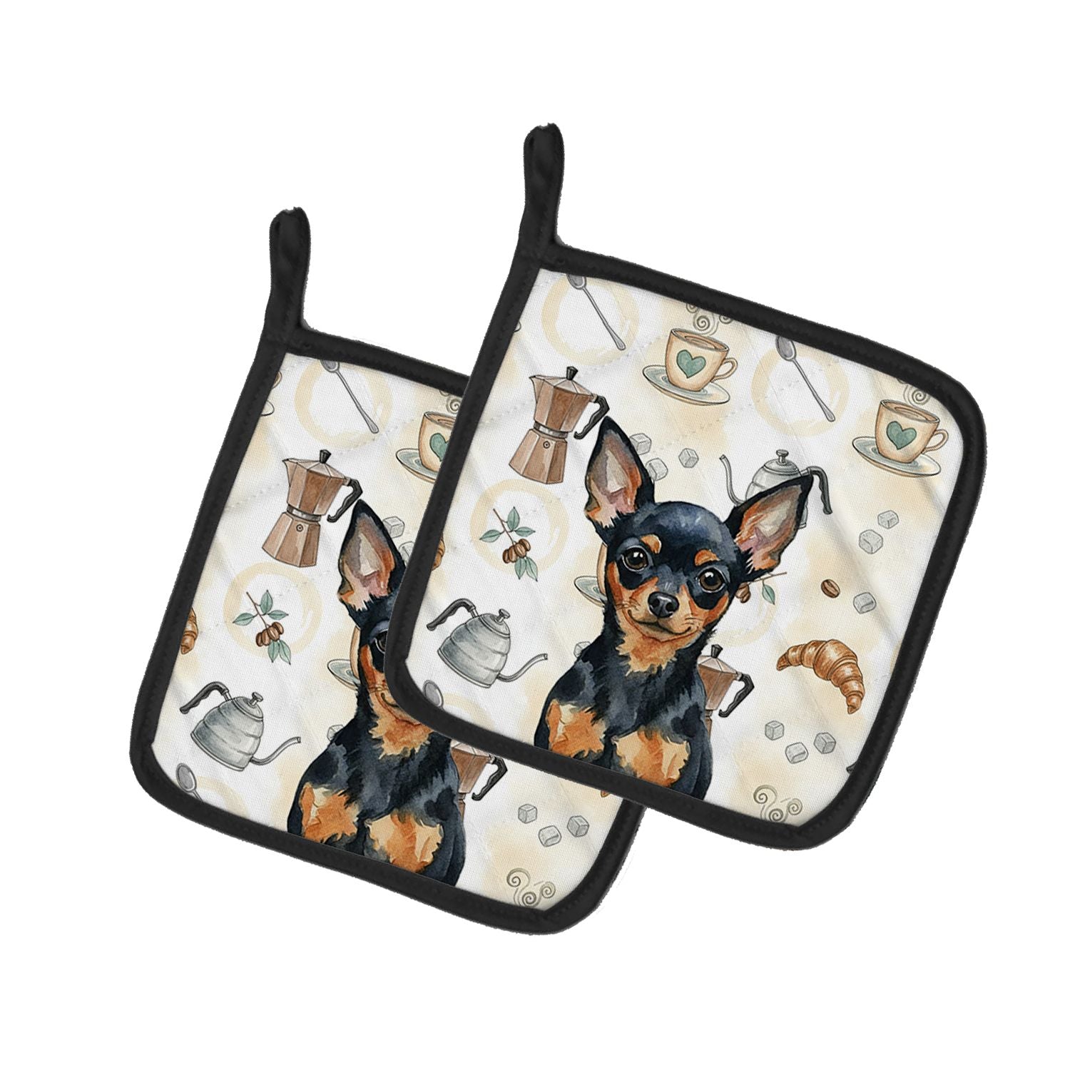 Black and Tan Russian Toy Coffee Bar Pair of Pot Holders Pair 7.5x7.5 Quilted Insulated Hot Pads Decorative Kitchen Gift Made in