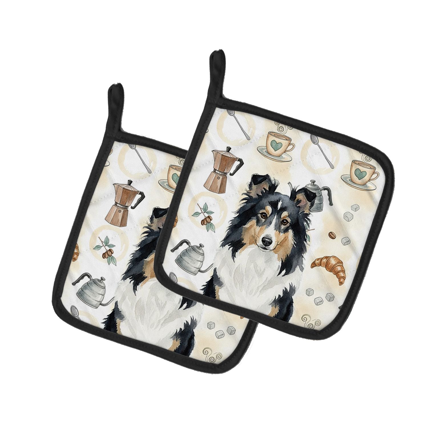 Tricolor Sheltie Coffee Bar Pair of Pot Holders Pair 7.5x7.5 Quilted Insulated Hot Pads Decorative Kitchen Gift Made in USA