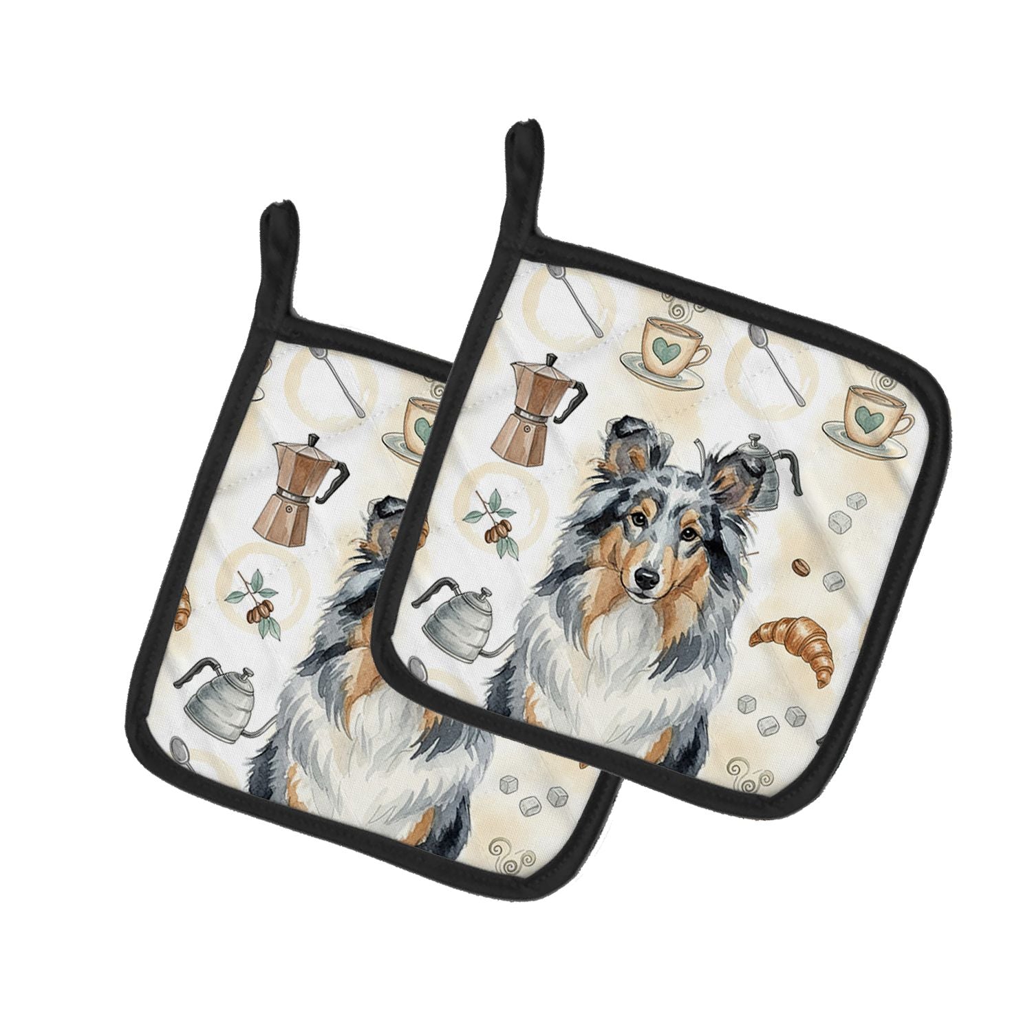 Blue Merle Sheltie Coffee Bar Pair of Pot Holders Pair 7.5x7.5 Quilted Insulated Hot Pads Decorative Kitchen Gift Made in USA