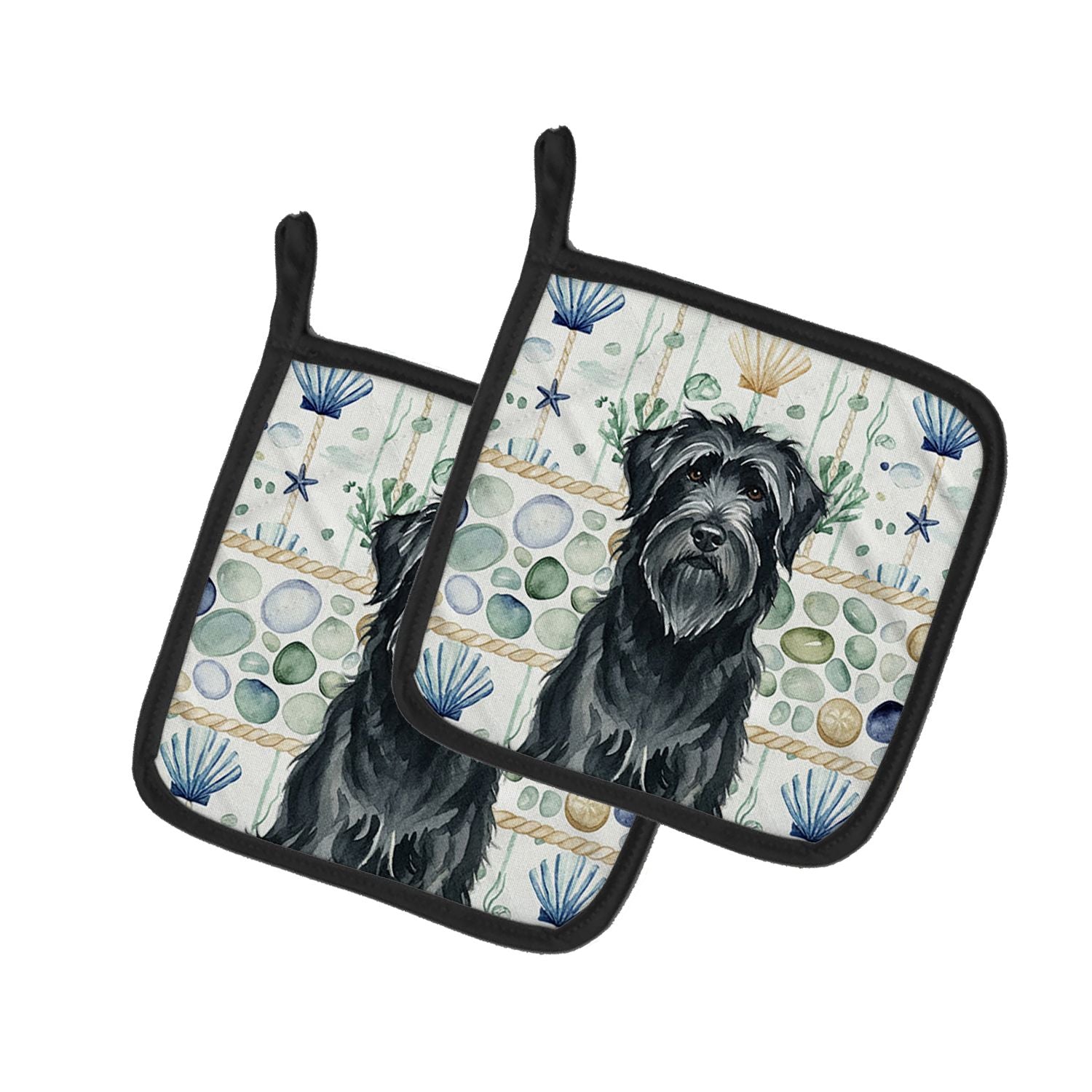 Black Briard Coastal Sea Glass Pair of Pot Holders Pair 7.5x7.5 Quilted Insulated Hot Pads Decorative Kitchen Gift Made in USA