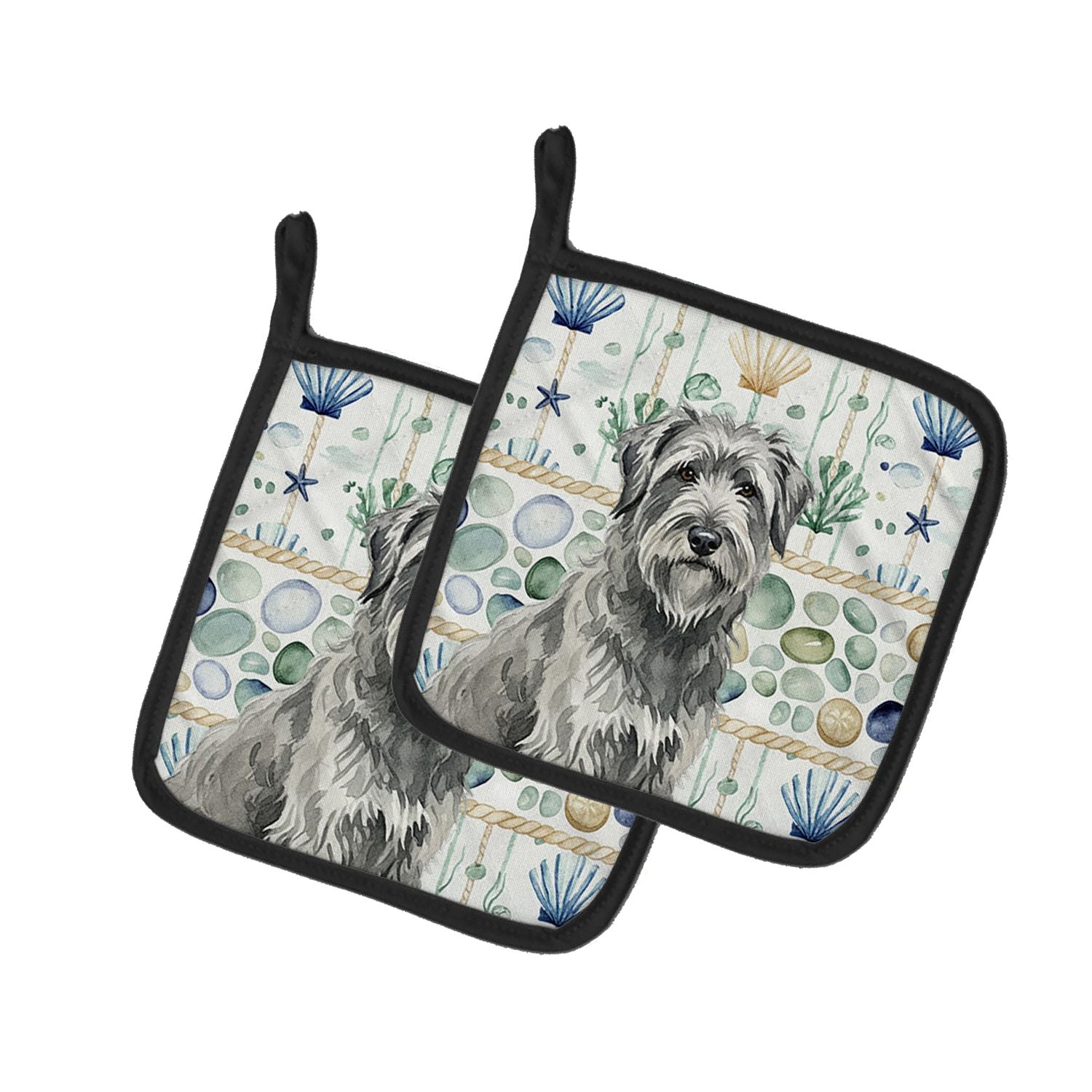 Gray Briard Coastal Sea Glass Pair of Pot Holders Pair 7.5x7.5 Quilted Insulated Hot Pads Decorative Kitchen Gift Made in USA