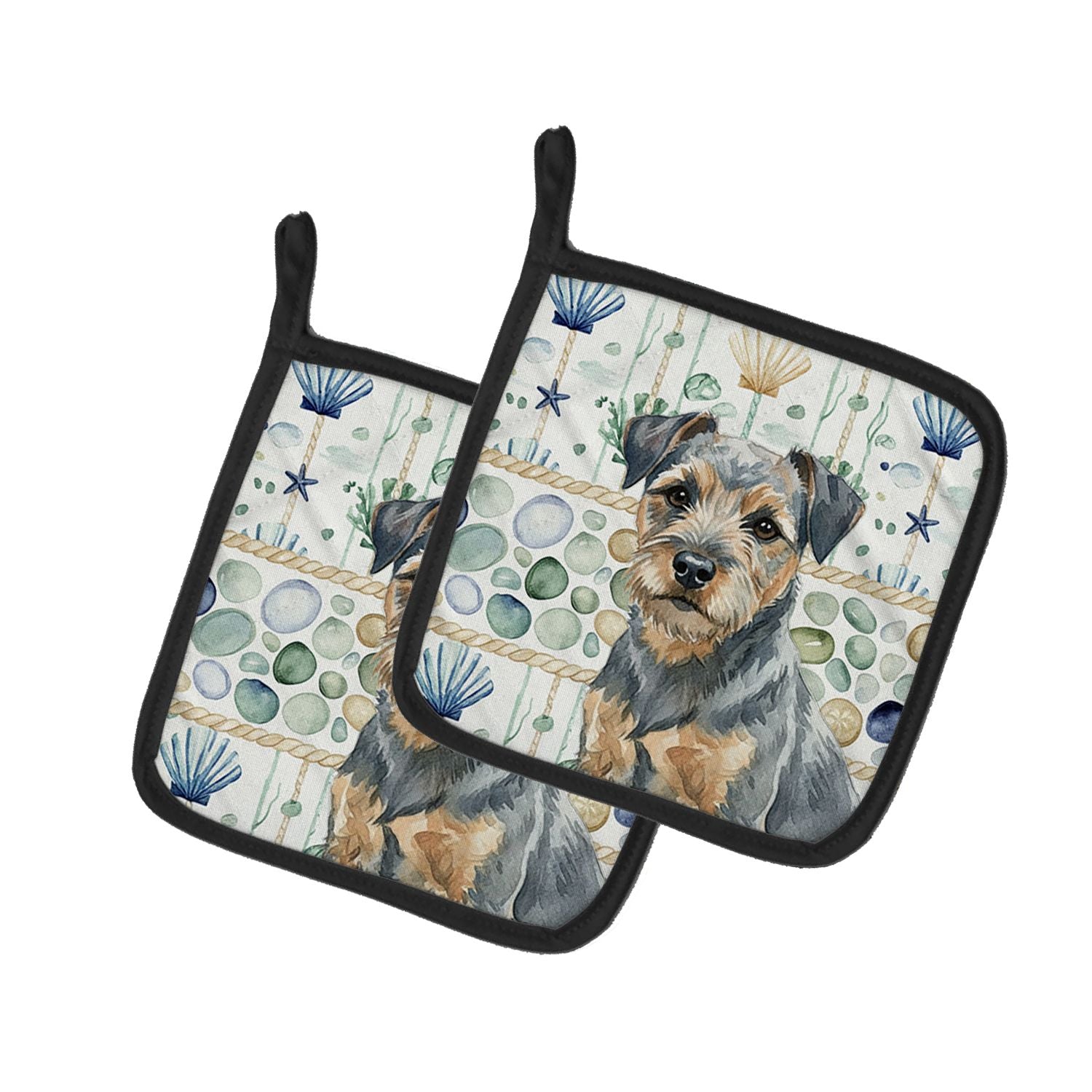 Blue and Tan Border Terrier Coastal Sea Glass Pair of Pot Holders Pair 7.5x7.5 Quilted Insulated Hot Pads Decorative Kitchen Gif