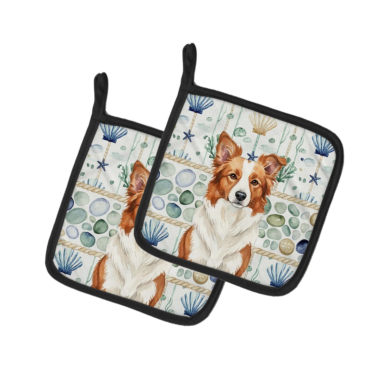 Red and White Border Collie Coastal Sea Glass Pair of Pot Holders Pair 7.5x7.5 Quilted Insulated Hot Pads Decorative Kitchen Gif