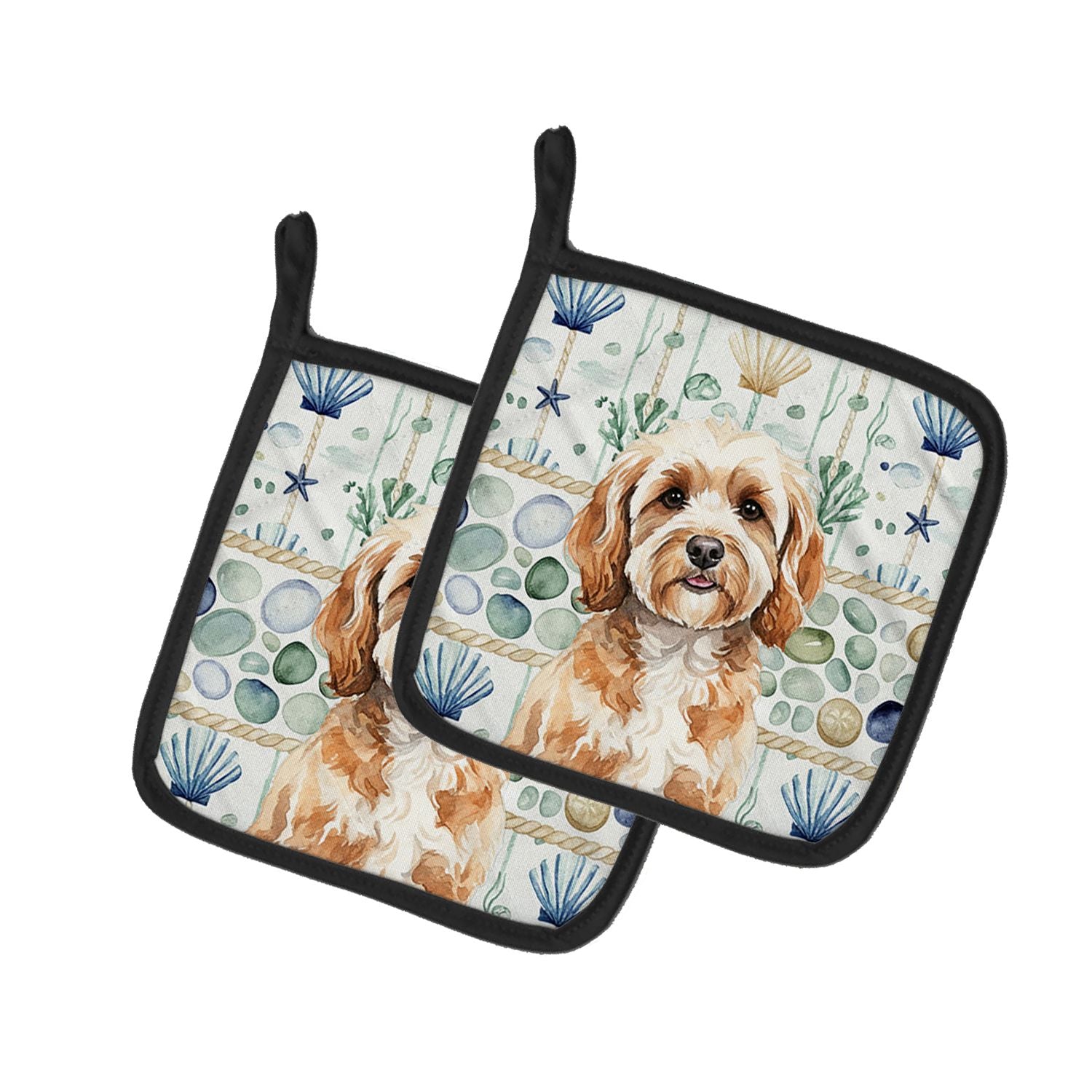 Cavapoo Coastal Sea Glass Pair of Pot Holders Pair 7.5x7.5 Quilted Insulated Hot Pads Decorative Kitchen Gift Made in USA