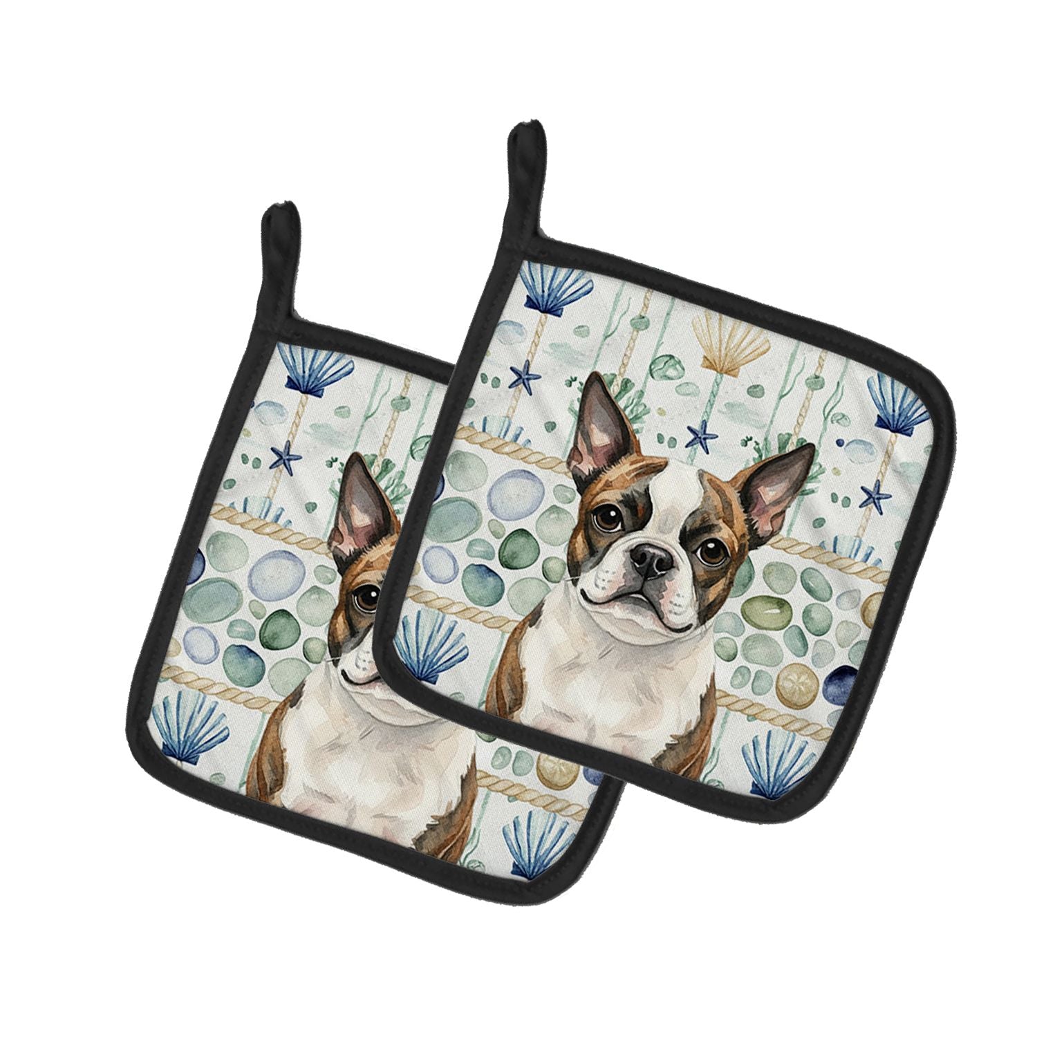 Brindle Boston Terrier Coastal Sea Glass Pair of Pot Holders Pair 7.5x7.5 Quilted Insulated Hot Pads Decorative Kitchen Gift Mad