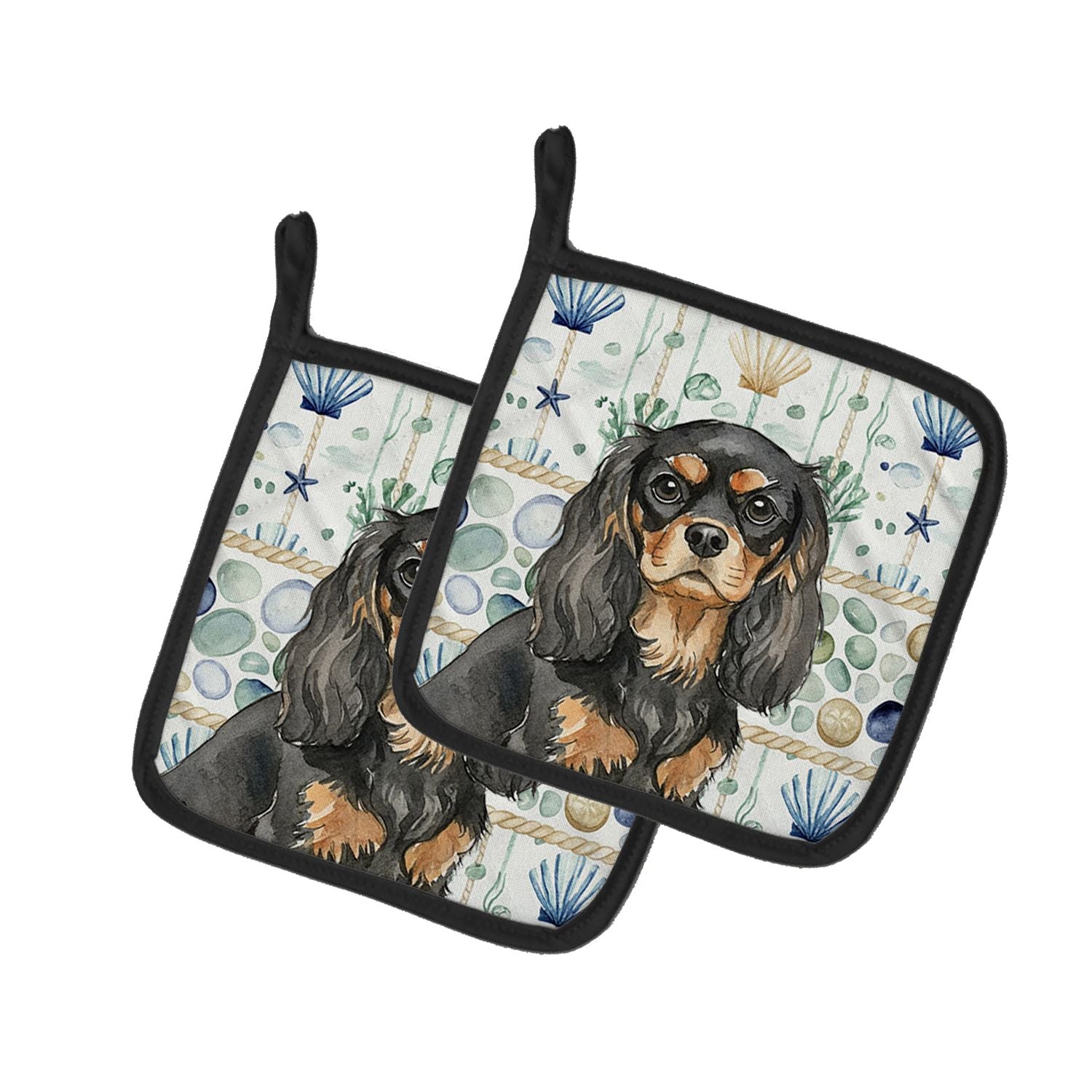 Black and Tan Cavalier Spaniel Coastal Sea Glass Pair of Pot Holders Pair 7.5x7.5 Quilted Insulated Hot Pads Decorative Kitchen 