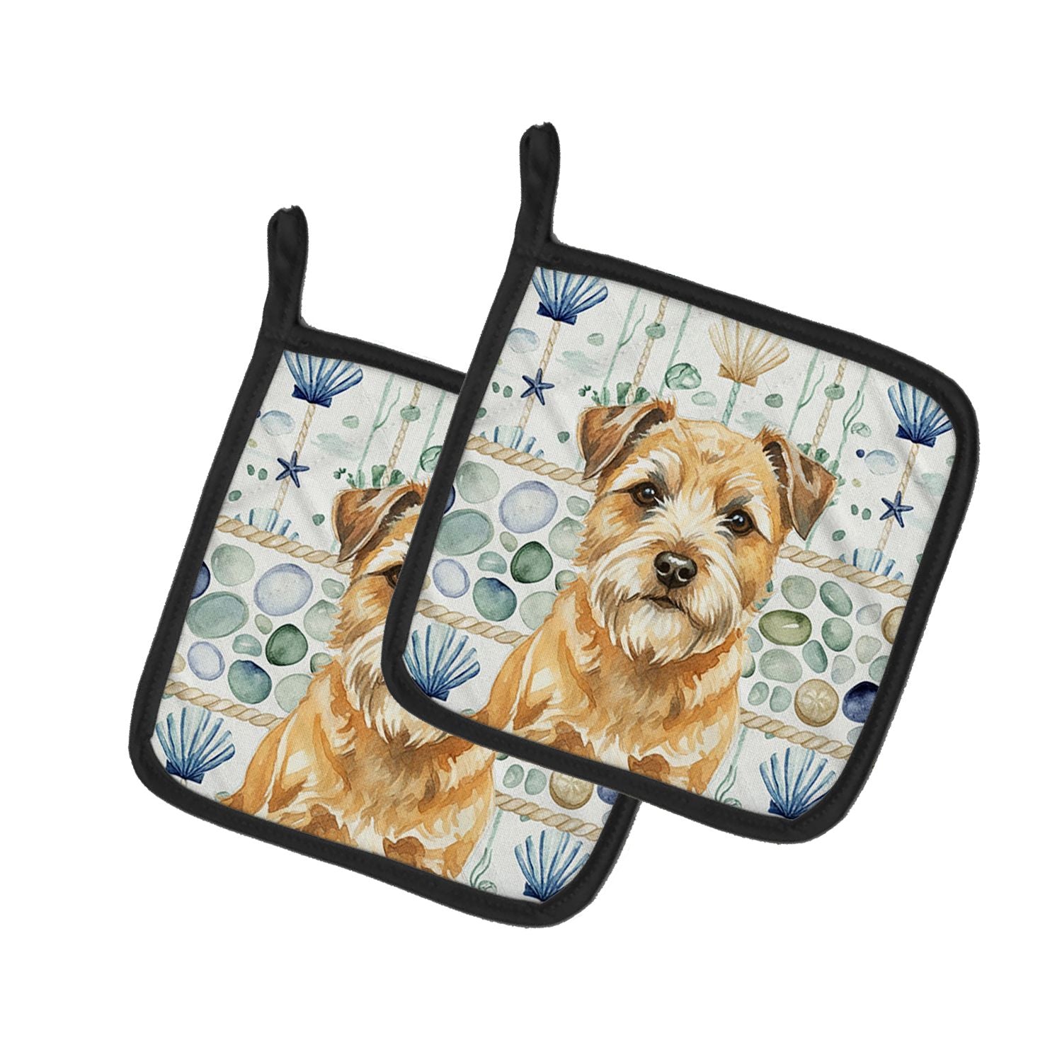 Wheaten Border Terrier Coastal Sea Glass Pair of Pot Holders Pair 7.5x7.5 Quilted Insulated Hot Pads Decorative Kitchen Gift Mad
