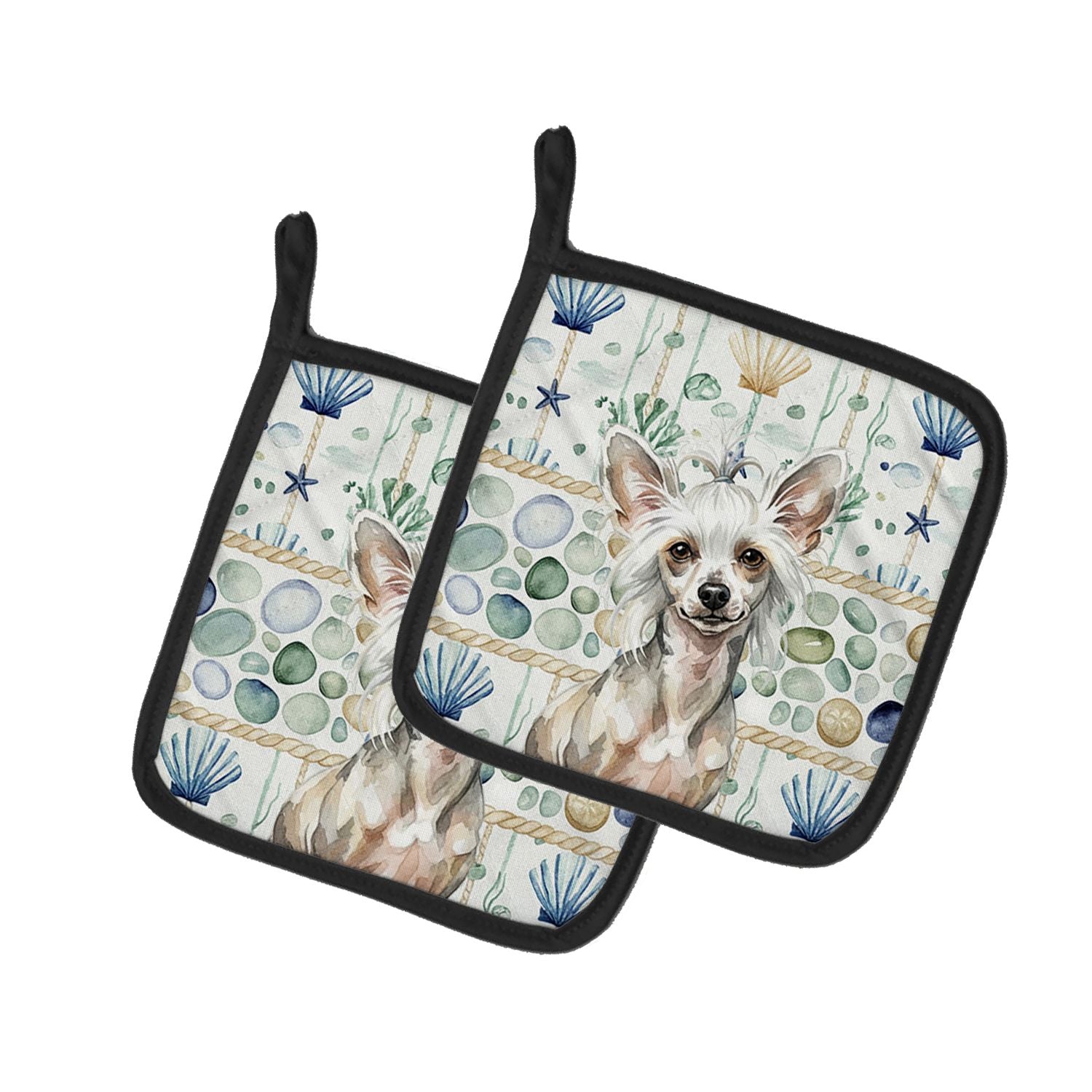 Hairless Mottled Pattern Chinese Crested Coastal Sea Glass Pair of Pot Holders Pair 7.5x7.5 Quilted Insulated Hot Pads Decorativ