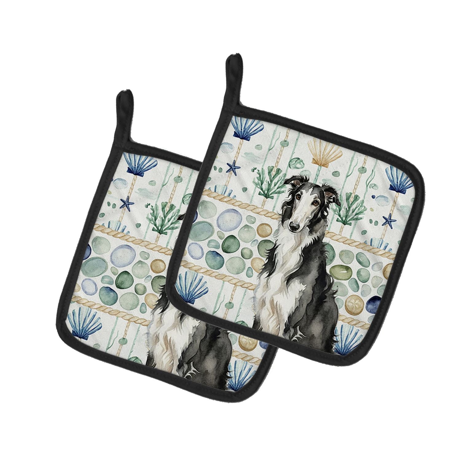 Black and White Borzoi Coastal Sea Glass Pair of Pot Holders Pair 7.5x7.5 Quilted Insulated Hot Pads Decorative Kitchen Gift Mad