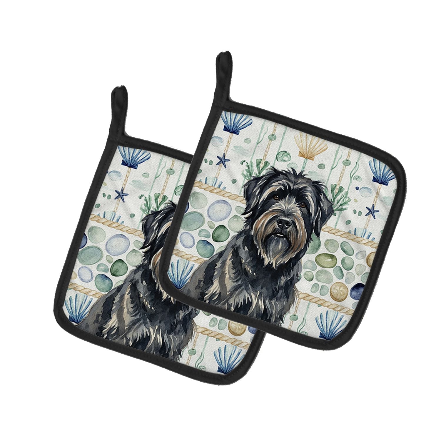 Bouvier des Flandres Coastal Sea Glass Pair of Pot Holders Pair 7.5x7.5 Quilted Insulated Hot Pads Decorative Kitchen Gift Made 