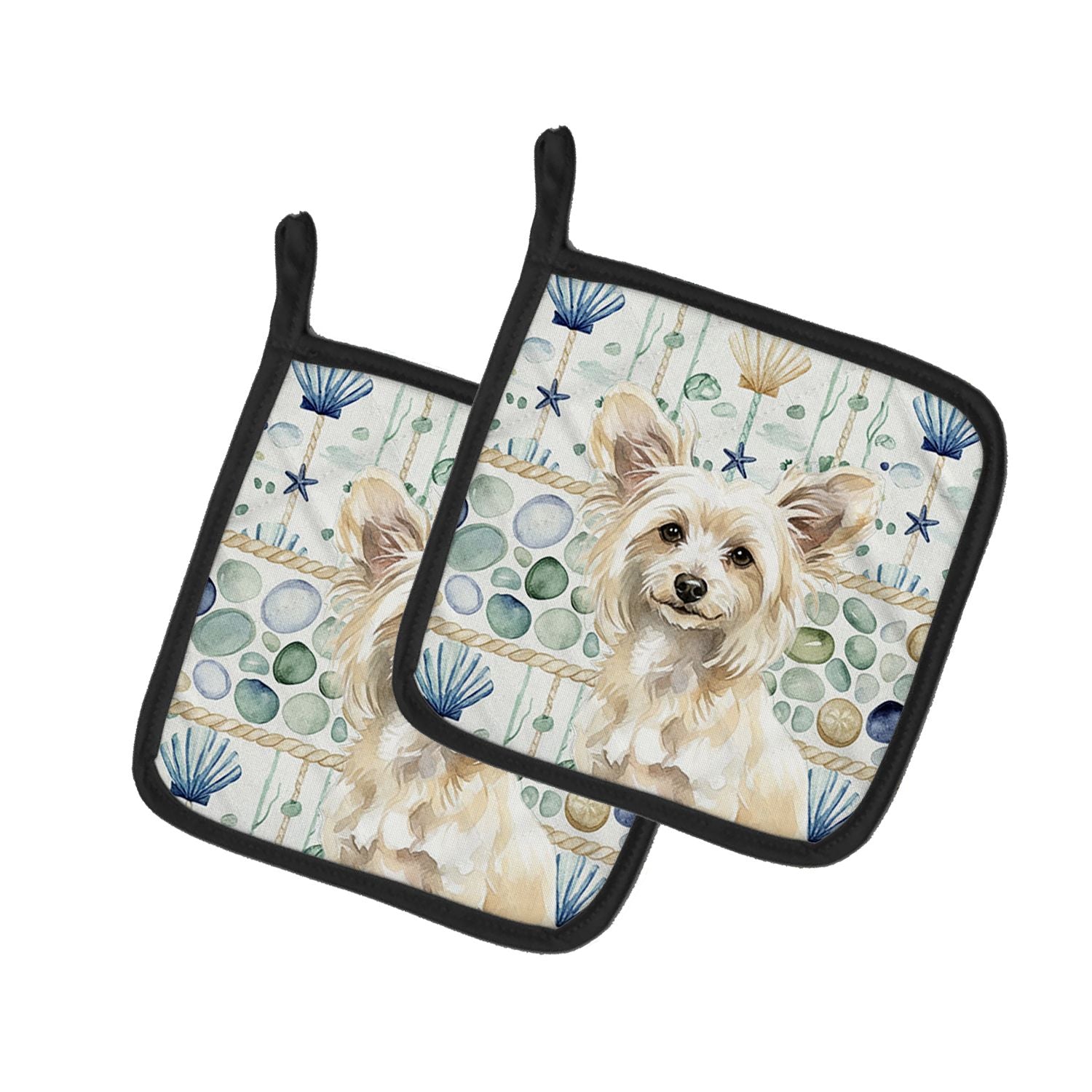 Powderpuff Chinese Crested Coastal Sea Glass Pair of Pot Holders Pair 7.5x7.5 Quilted Insulated Hot Pads Decorative Kitchen Gift