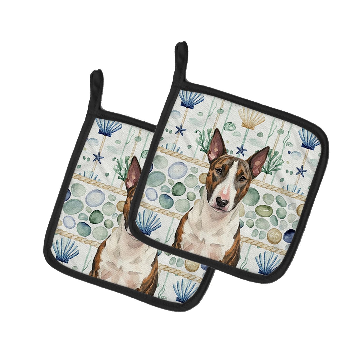 Brindle and White Bull Terrier Coastal Sea Glass Pair of Pot Holders Pair 7.5x7.5 Quilted Insulated Hot Pads Decorative Kitchen 