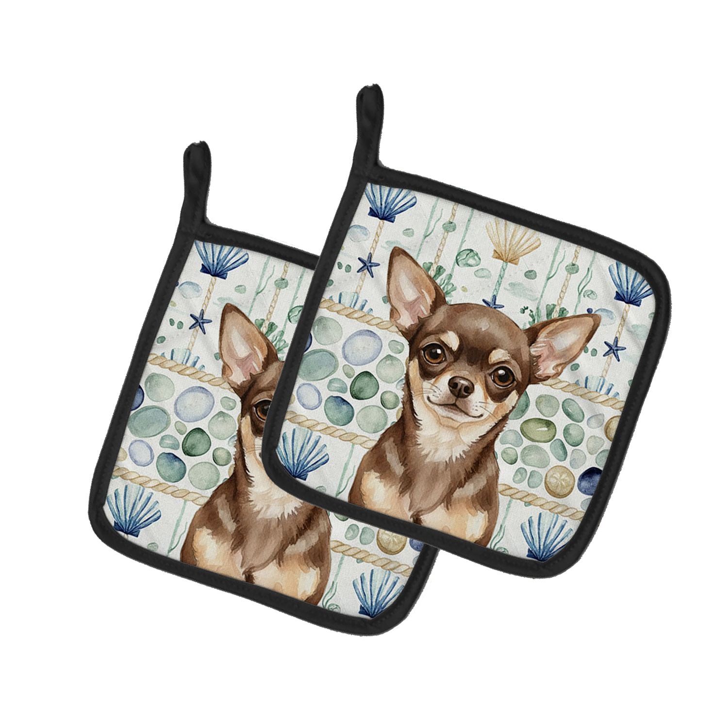 Chocolate Chihuahua Coastal Sea Glass Pair of Pot Holders Pair 7.5x7.5 Quilted Insulated Hot Pads Decorative Kitchen Gift Made i
