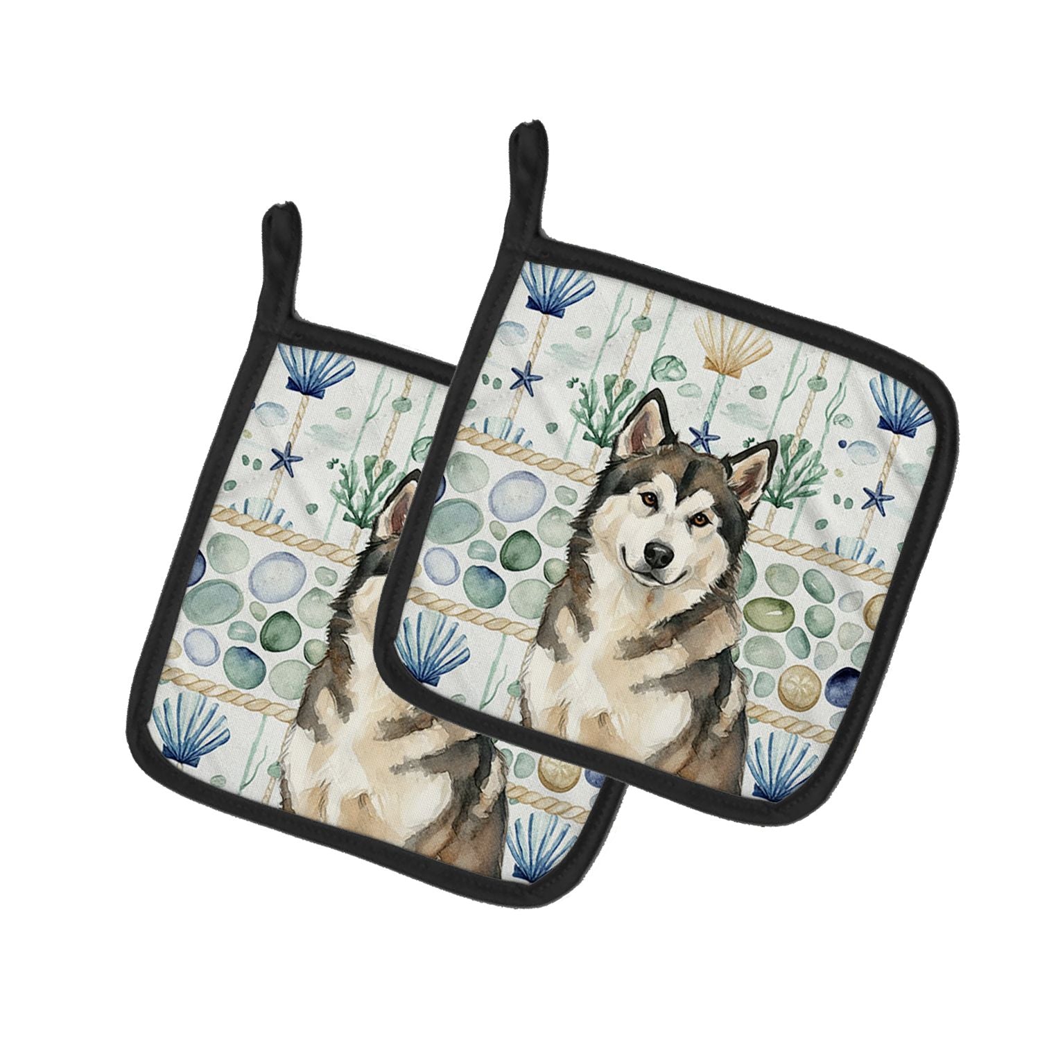 Sable and White Alaskan Malamute Coastal Sea Glass Pair of Pot Holders Pair 7.5x7.5 Quilted Insulated Hot Pads Decorative Kitche