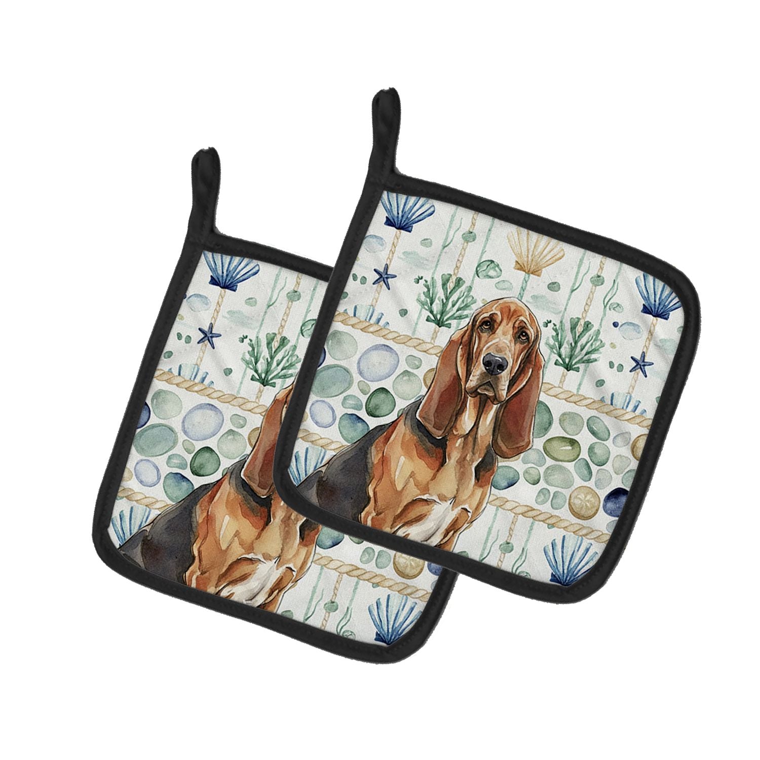 Liver and Tan Bloodhound Coastal Sea Glass Pair of Pot Holders Pair 7.5x7.5 Quilted Insulated Hot Pads Decorative Kitchen Gift M