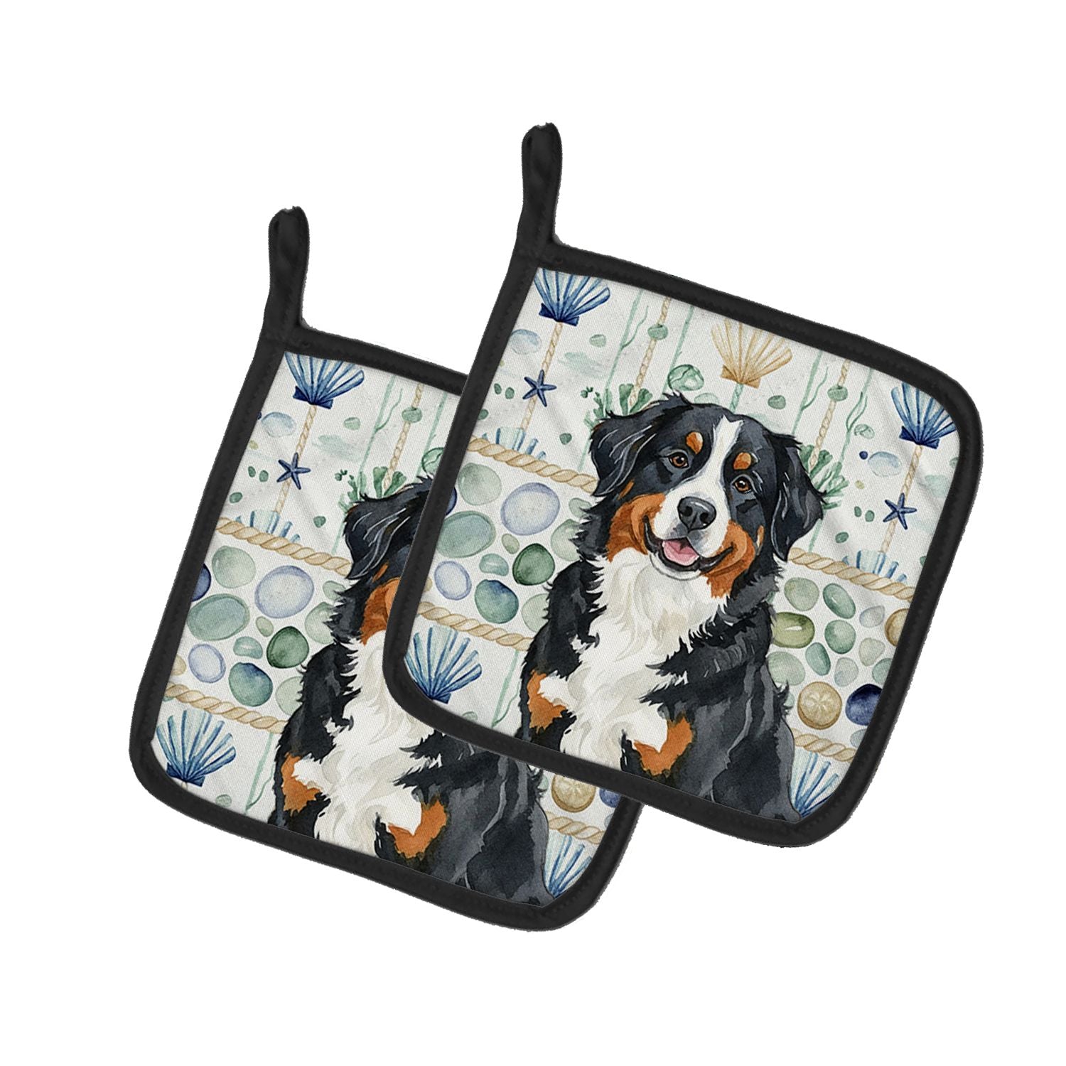 Bernese Mountain Dog Coastal Sea Glass Pair of Pot Holders Pair 7.5x7.5 Quilted Insulated Hot Pads Decorative Kitchen Gift Made 