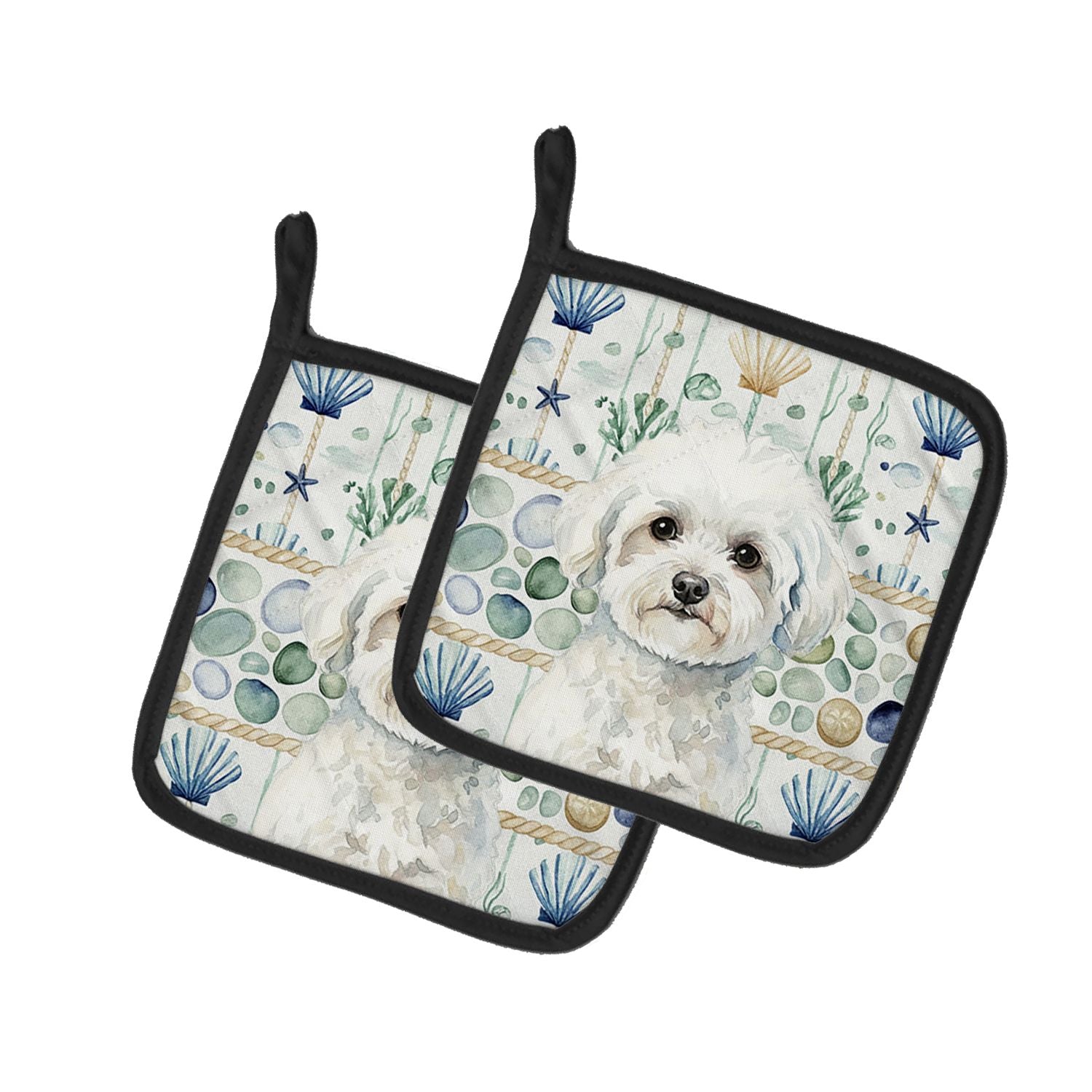 Bichon Frise Coastal Sea Glass Pair of Pot Holders Pair 7.5x7.5 Quilted Insulated Hot Pads Decorative Kitchen Gift Made in USA