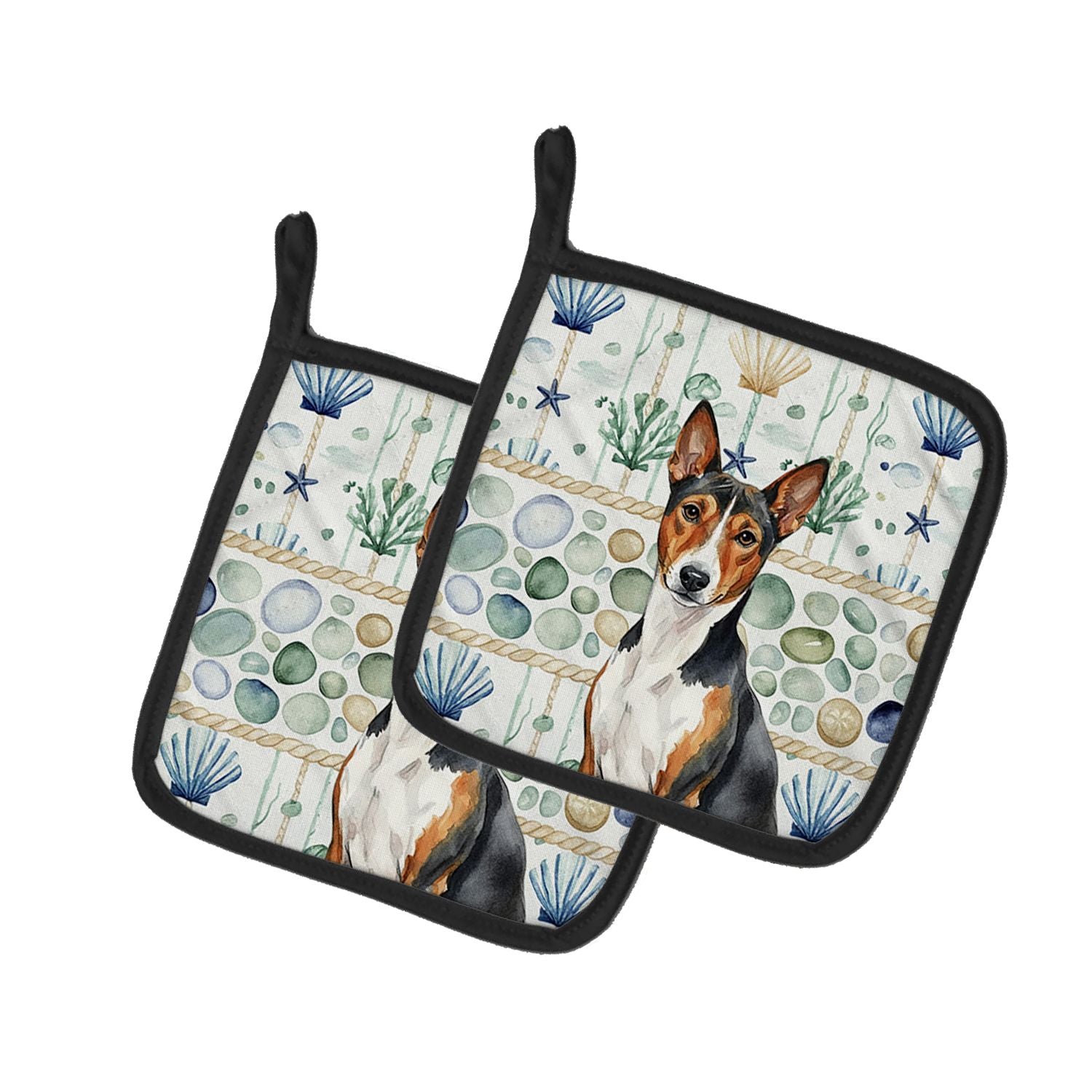 Tricolor and White Basenji Coastal Sea Glass Pair of Pot Holders Pair 7.5x7.5 Quilted Insulated Hot Pads Decorative Kitchen Gift