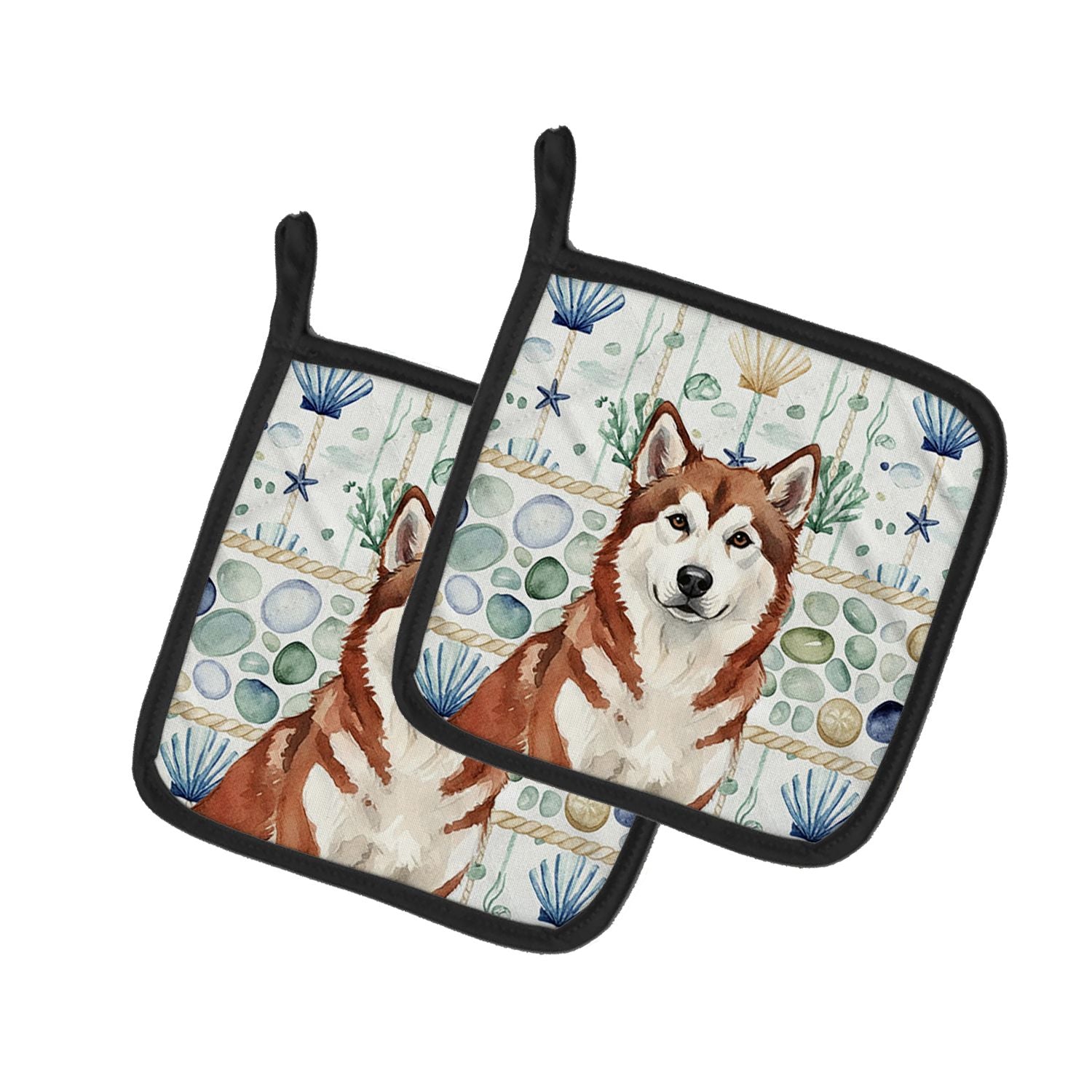 Red and White Alaskan Malamute Coastal Sea Glass Pair of Pot Holders Pair 7.5x7.5 Quilted Insulated Hot Pads Decorative Kitchen 