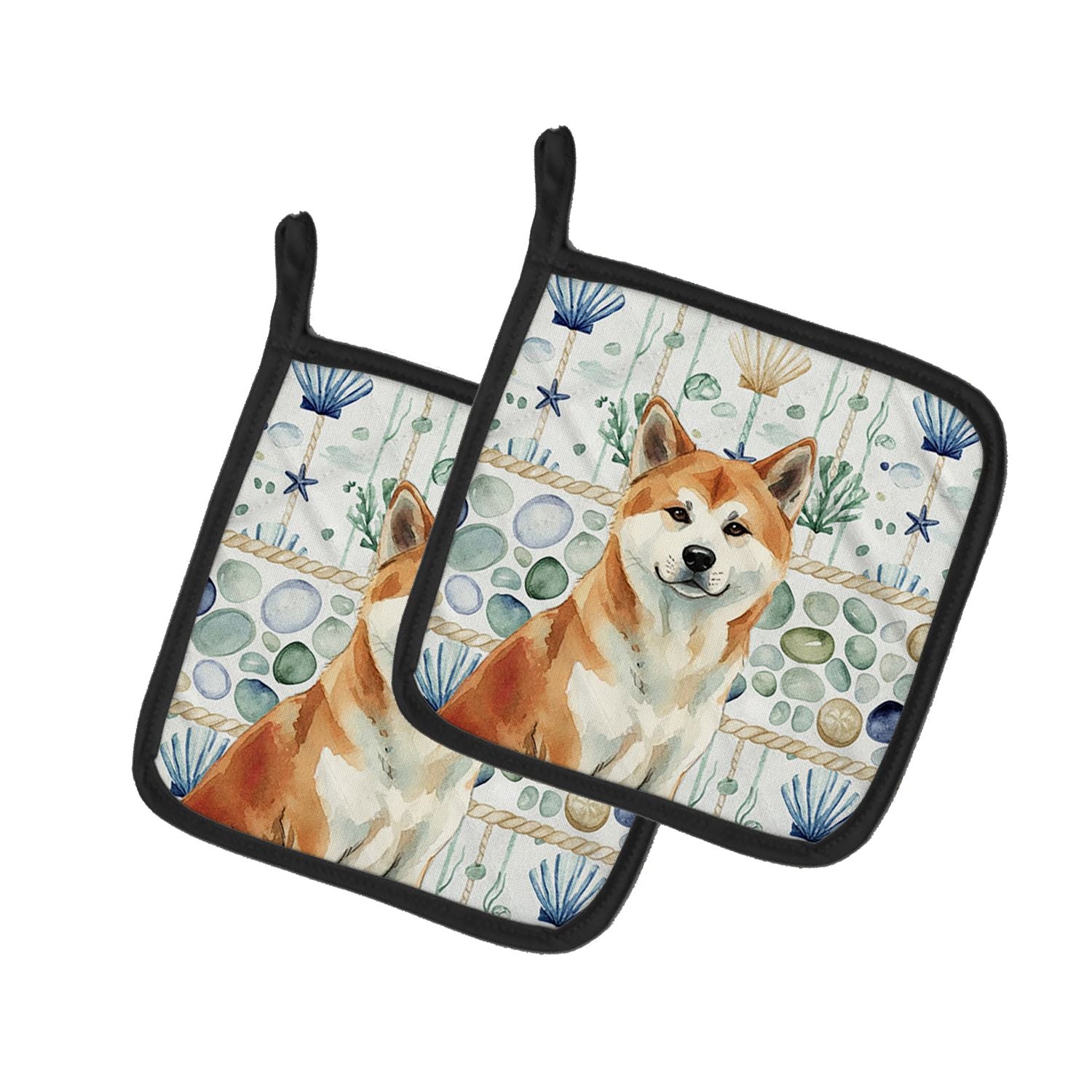 Red Akita Coastal Sea Glass Pair of Pot Holders Pair 7.5x7.5 Quilted Insulated Hot Pads Decorative Kitchen Gift Made in USA