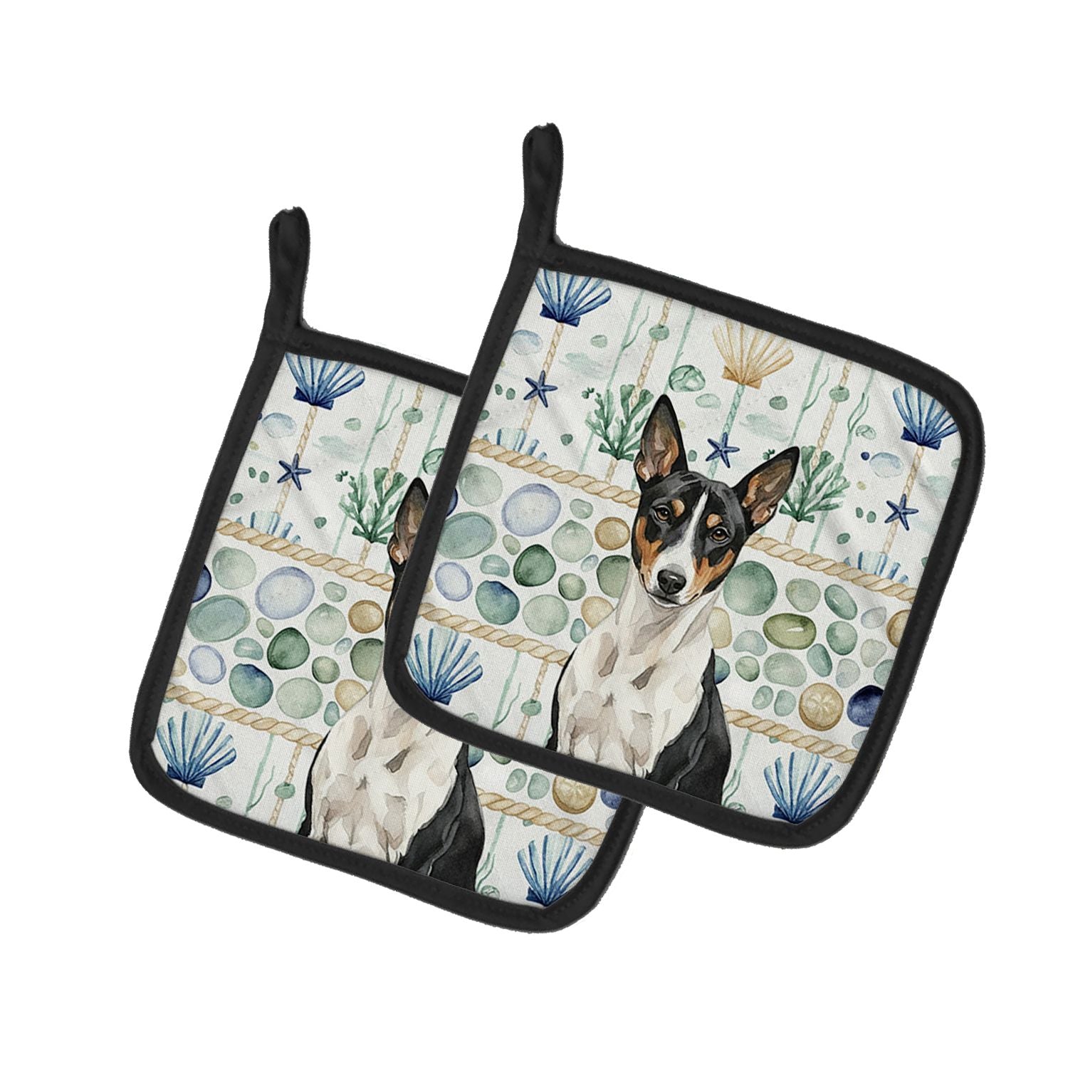 Black and White Basenji Coastal Sea Glass Pair of Pot Holders Pair 7.5x7.5 Quilted Insulated Hot Pads Decorative Kitchen Gift Ma