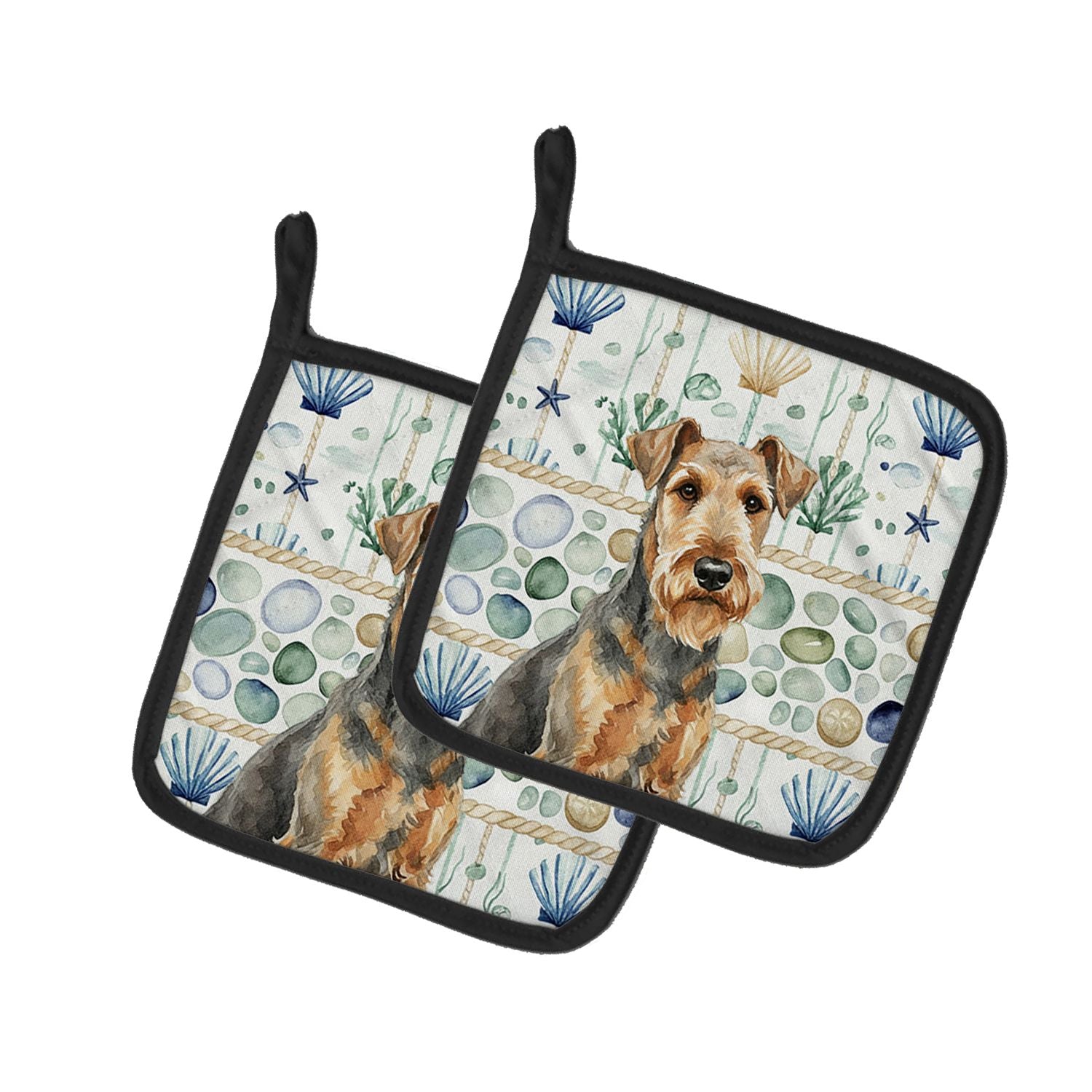Grizzle Airedale Terrier Coastal Sea Glass Pair of Pot Holders Pair 7.5x7.5 Quilted Insulated Hot Pads Decorative Kitchen Gift M