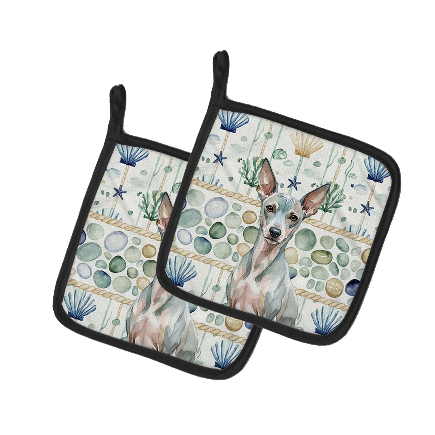 American Hairless Terrier Coastal Sea Glass Pair of Pot Holders Pair 7.5x7.5 Quilted Insulated Hot Pads Decorative Kitchen Gift 