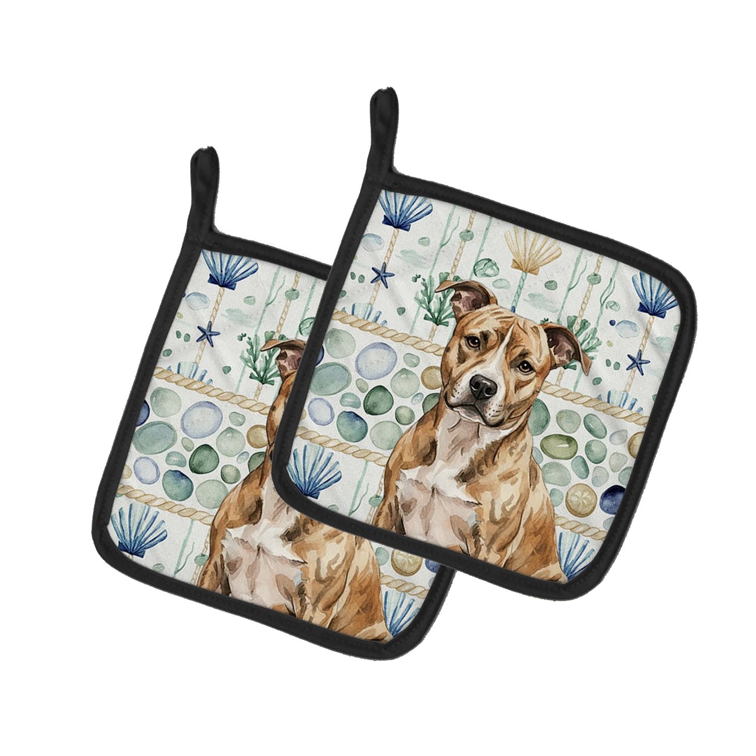 Brindle American Staffordshire Terrier Coastal Sea Glass Pair of Pot Holders Pair 7.5x7.5 Quilted Insulated Hot Pads Decorative 