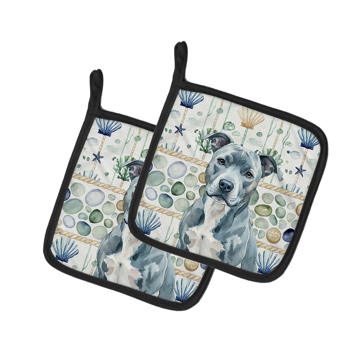 Blue American Staffordshire Terrier Coastal Sea Glass Pair of Pot Holders Pair 7.5x7.5 Quilted Insulated Hot Pads Decorative Kit