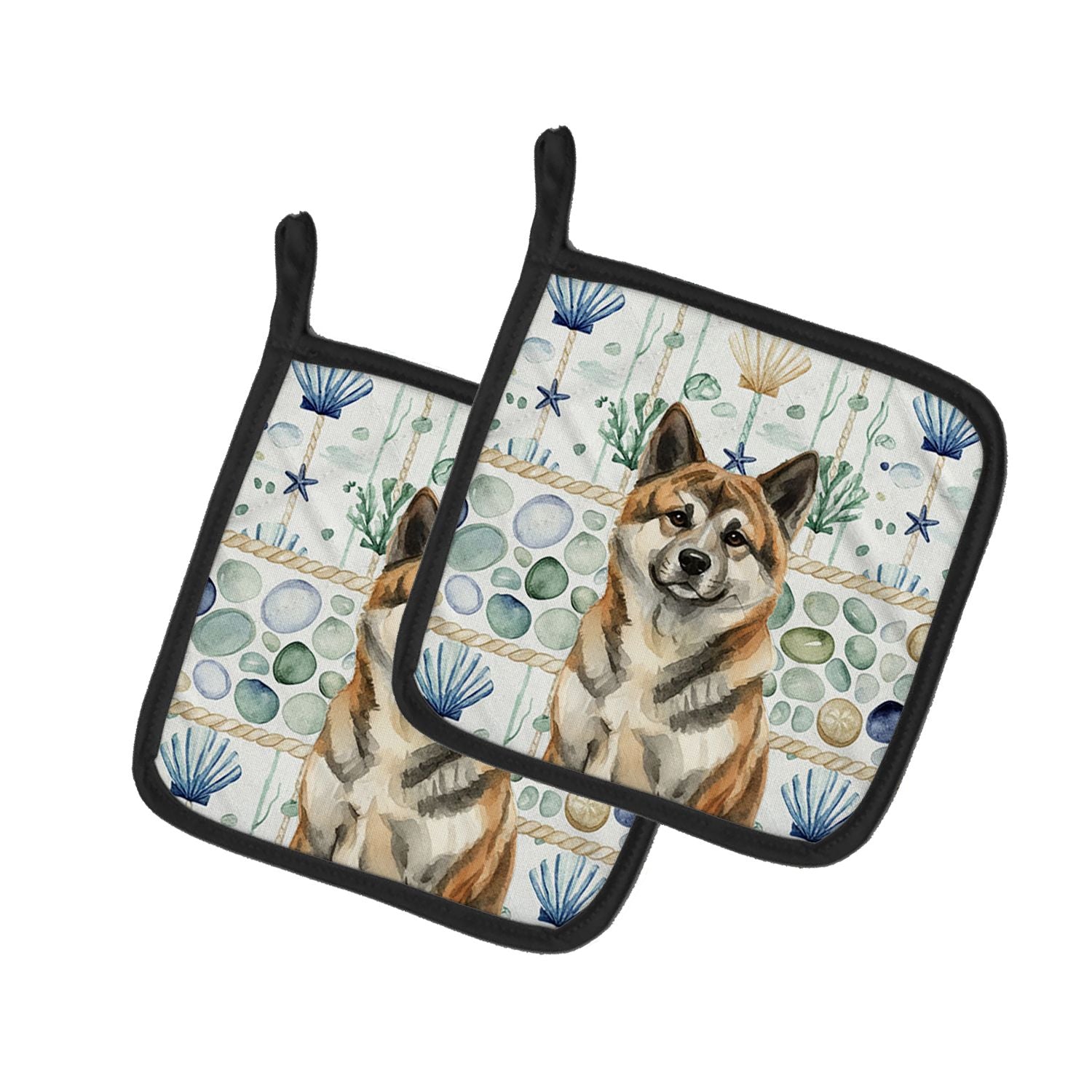 Brindle Akita Coastal Sea Glass Pair of Pot Holders Pair 7.5x7.5 Quilted Insulated Hot Pads Decorative Kitchen Gift Made in USA