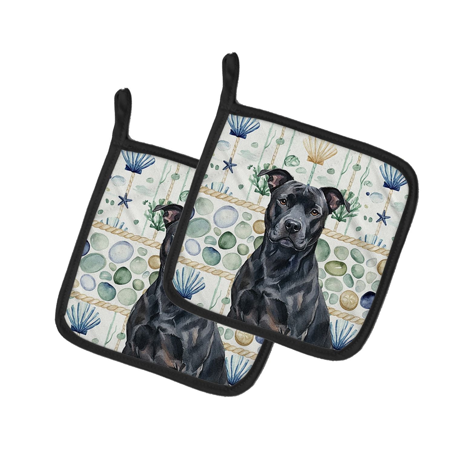 Black American Staffordshire Terrier Coastal Sea Glass Pair of Pot Holders Pair 7.5x7.5 Quilted Insulated Hot Pads Decorative Ki